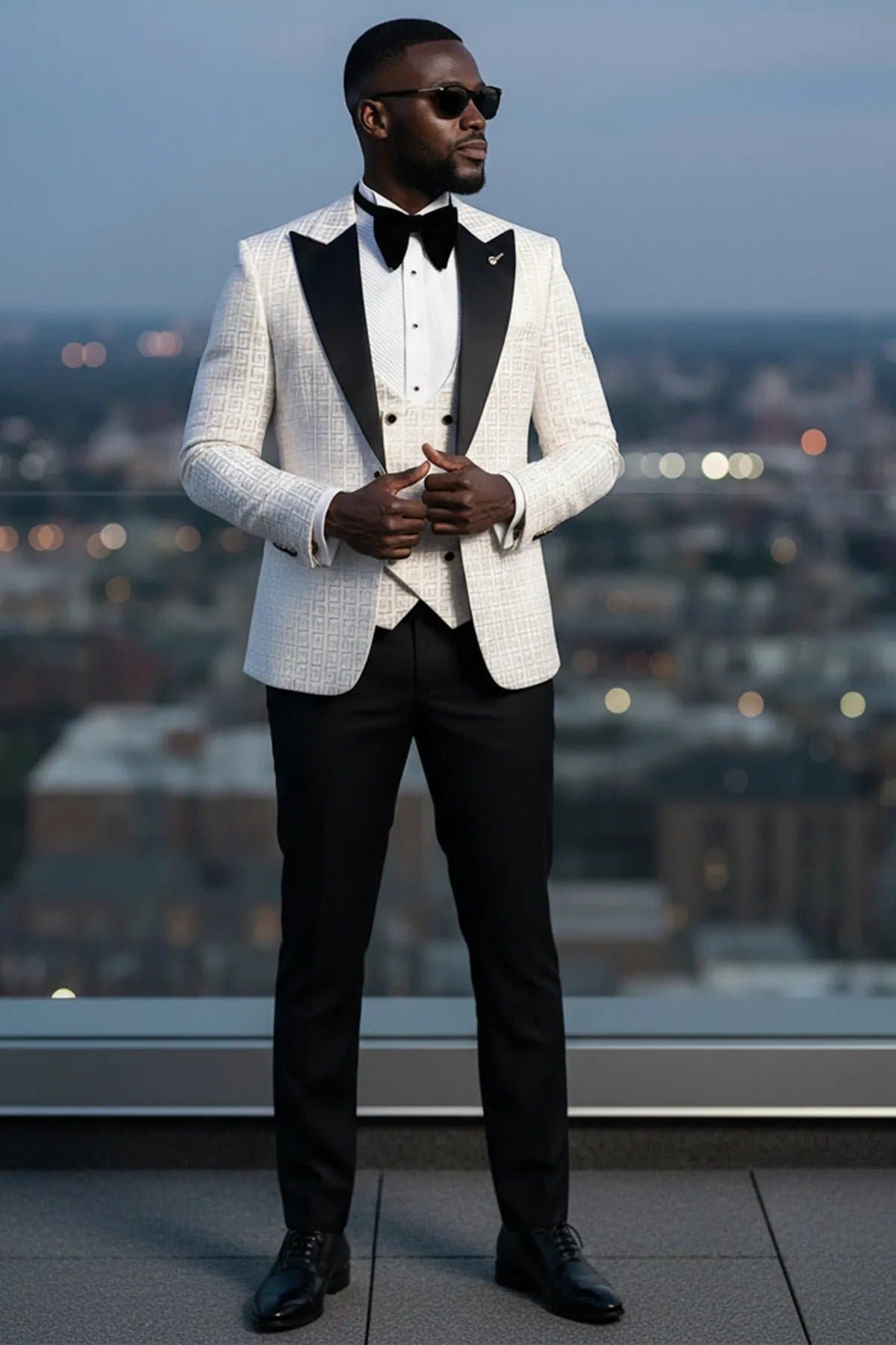 Alabaster Pantheon White & Gold Jacquard 3-Piece Slim Fit Tuxedo Jacket Vest Trousers
