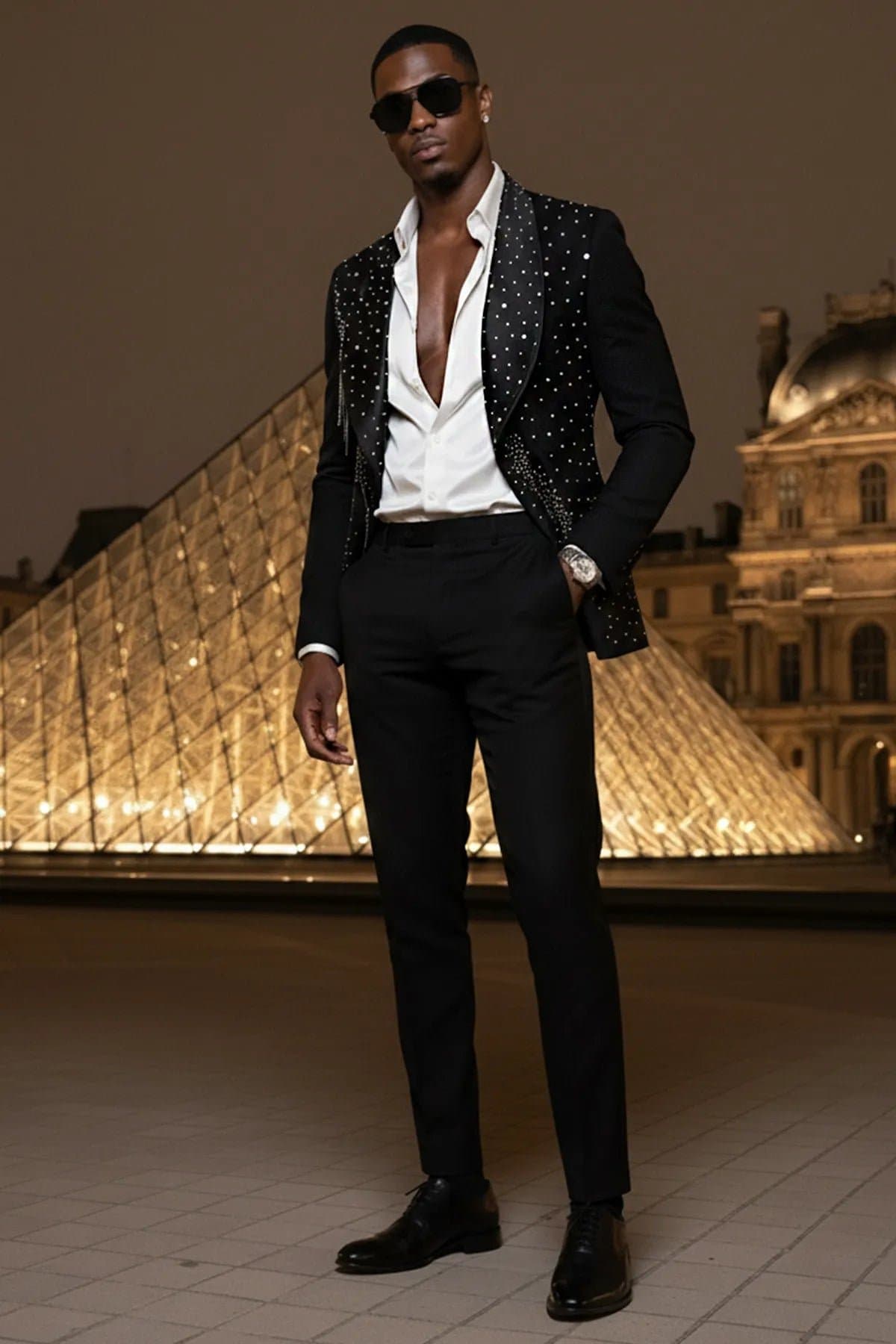 Obsidian Cascade Black Crystal Fringe 2-Piece Tuxedo Set Jacket Trousers Slim Fit