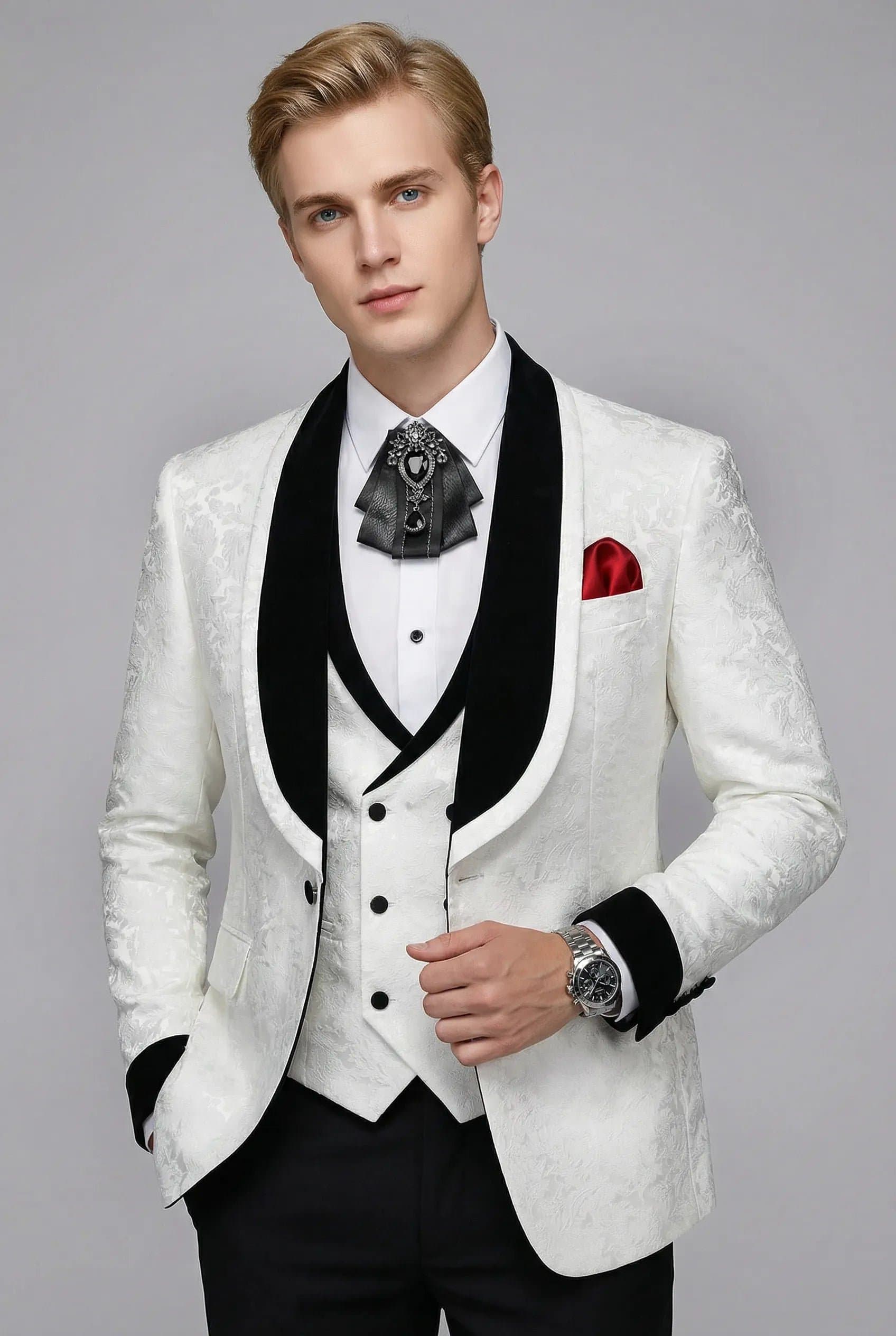 White Floral Jacquard 3-Piece Tuxedo with Black Velvet Shawl Collar - Sizes 34R-42R