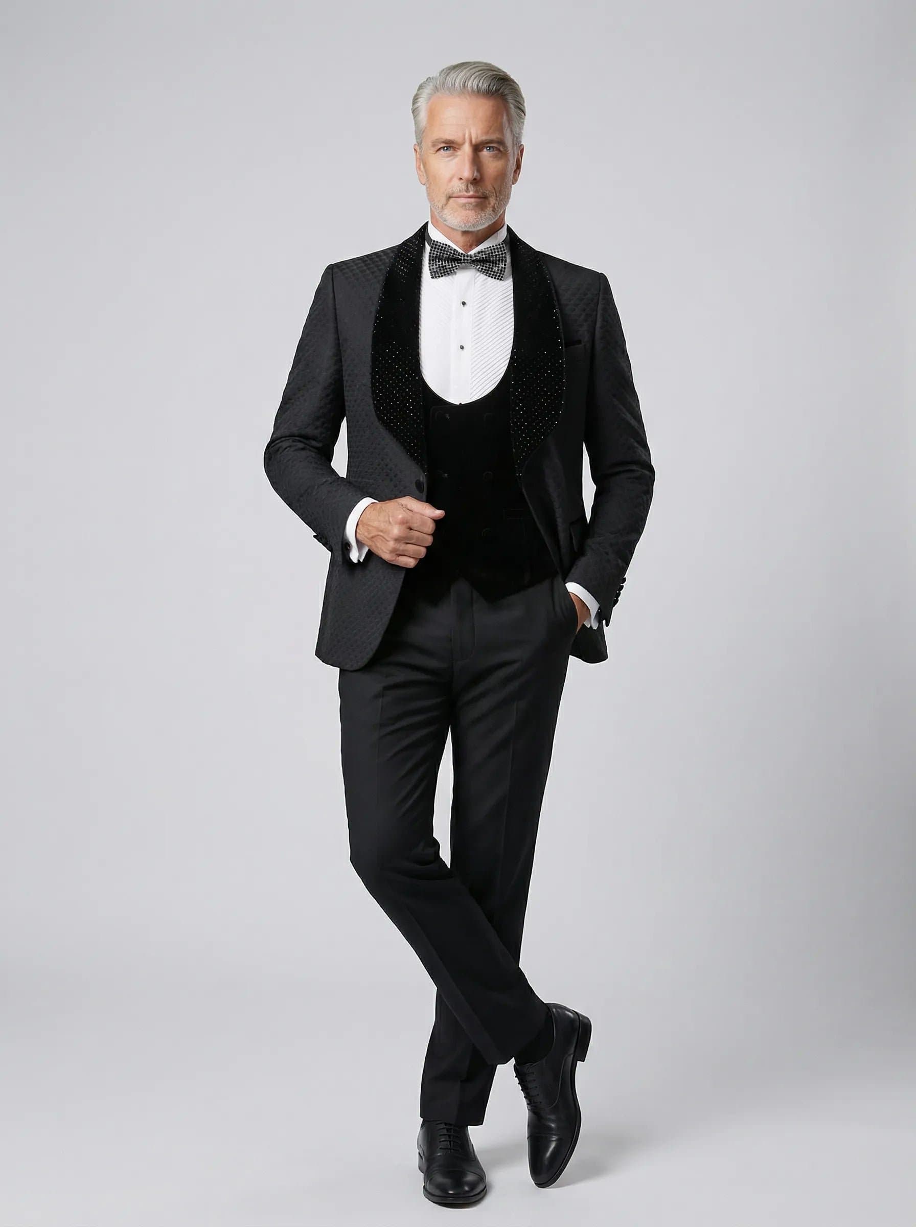 Obsidian Masterpiece Black Jacquard Velvet 3-Piece Slim Fit Tuxedo Set Jacket Vest Trousers