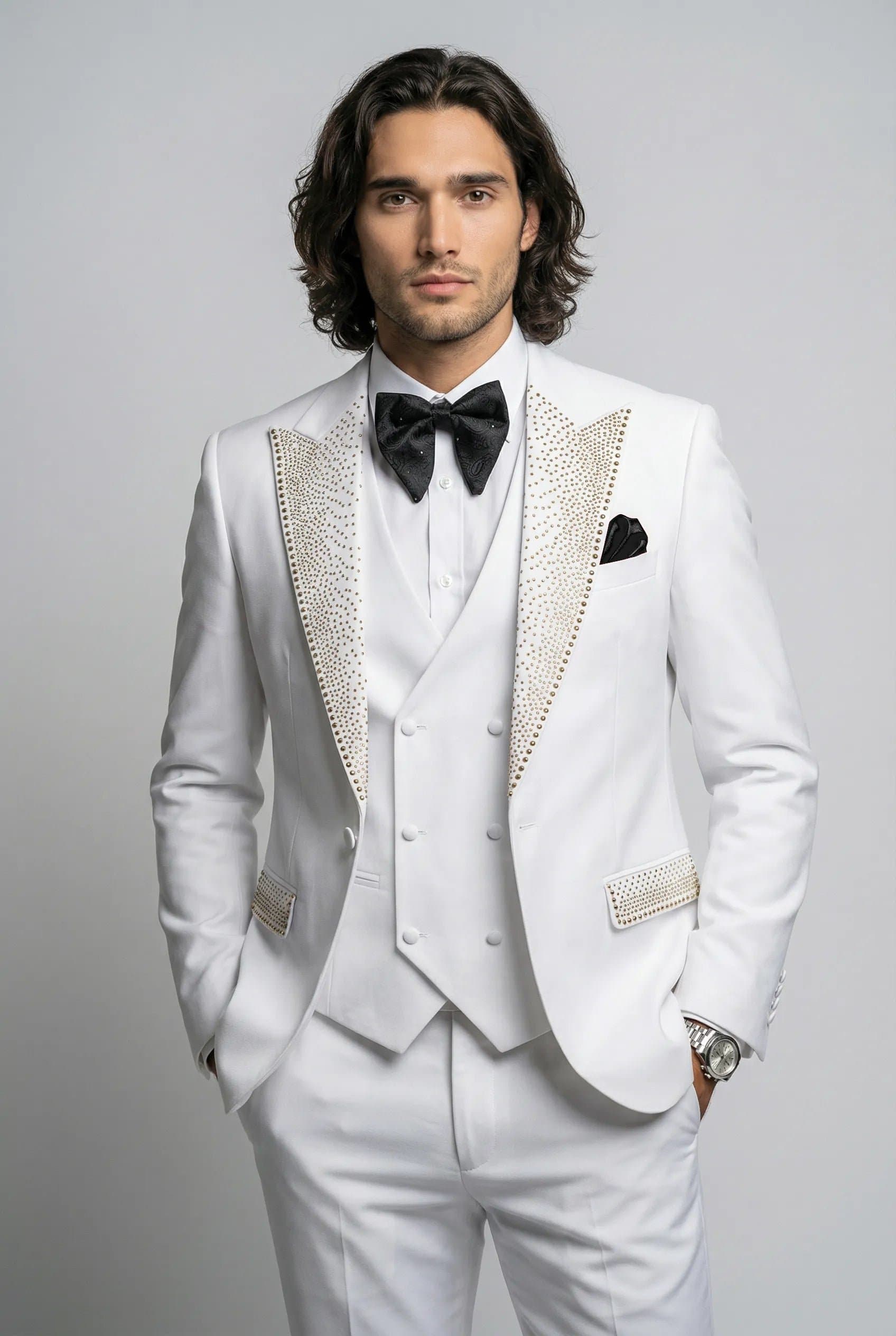 Alabaster Starlight White Crystal-Embellished 3-Piece Tuxedo Set with Black Satin Lapel