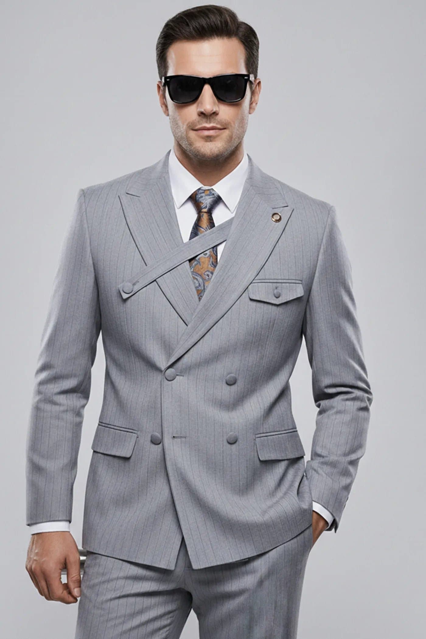 Grey Pinstripe Cross-Strap 2-Piece Slim Fit Suit Set Jacket Trousers