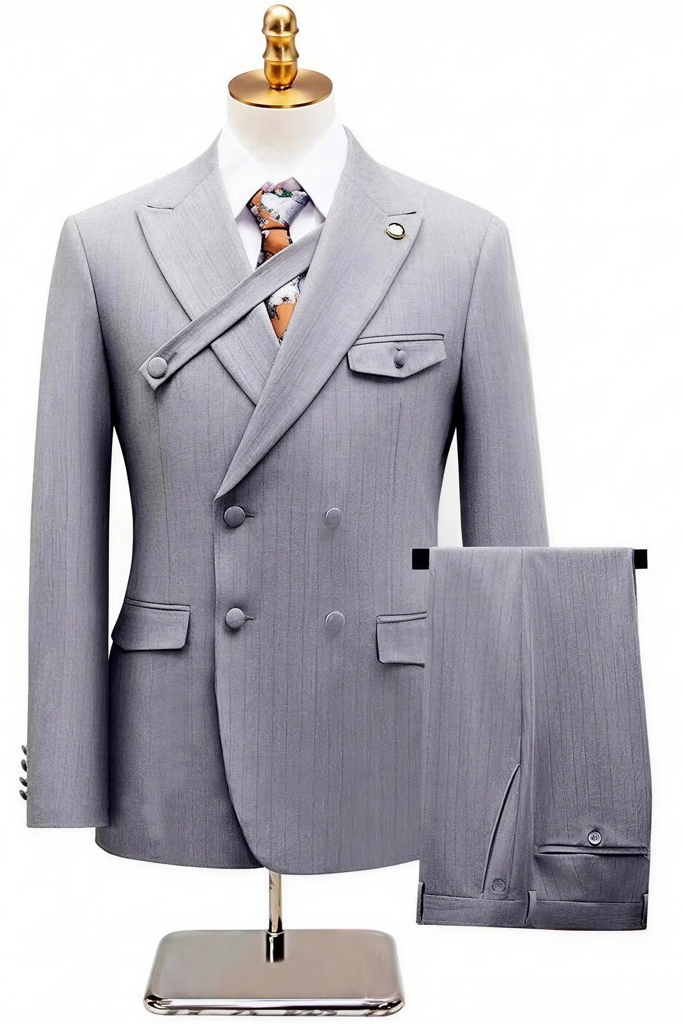Grey Pinstripe Cross-Strap 2-Piece Slim Fit Suit Set Jacket Trousers