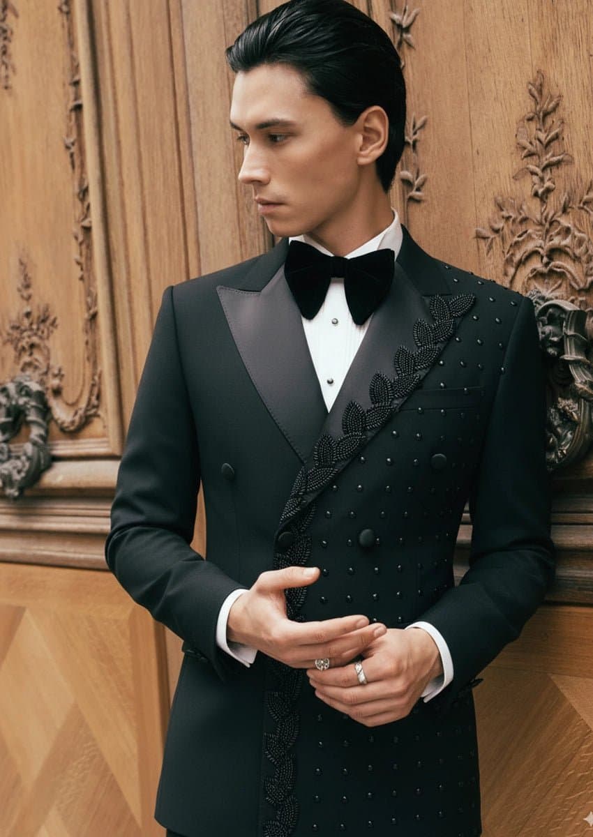 Phantom Vanguard Black Asymmetric Vine Beaded 2-Piece Tuxedo Jacket and Trousers Set