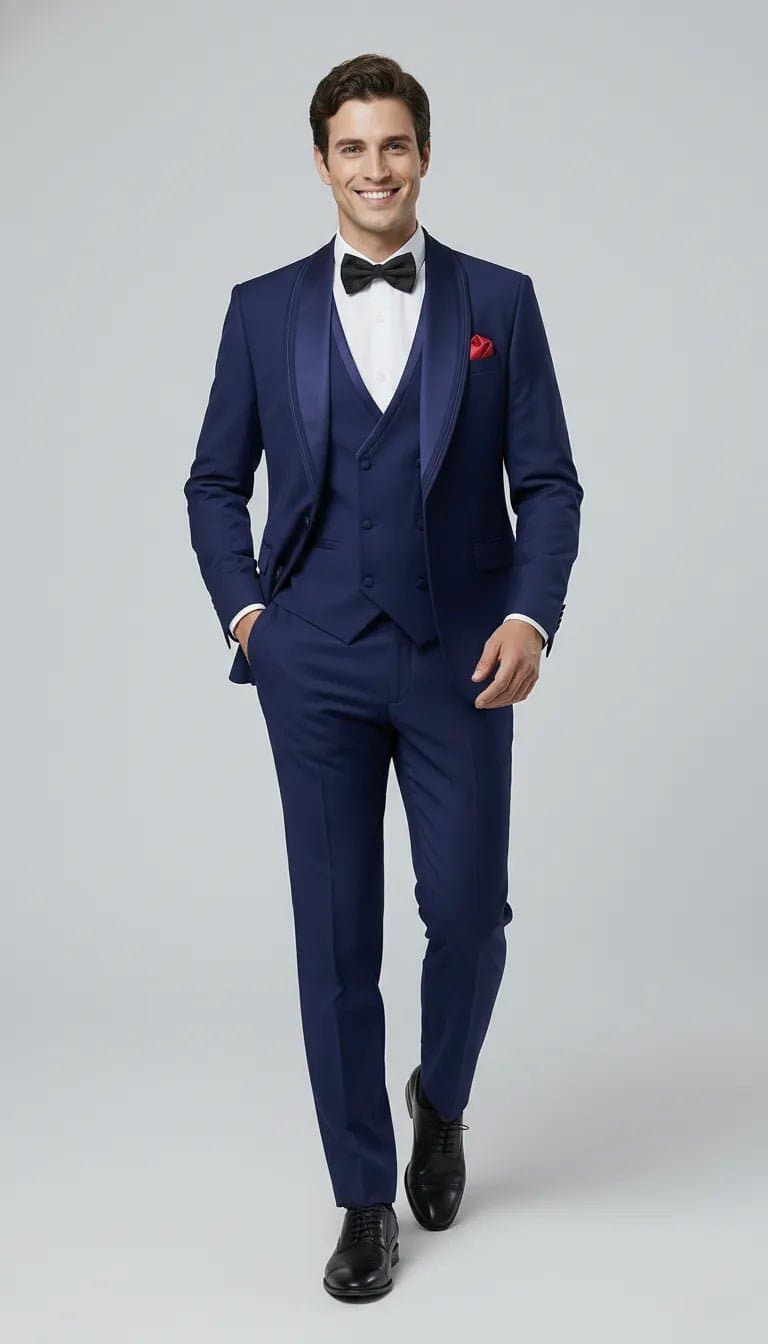 Navy Satin Shawl Collar 3-Piece Tuxedo Suit - Slim Fit Jacket Vest Trousers