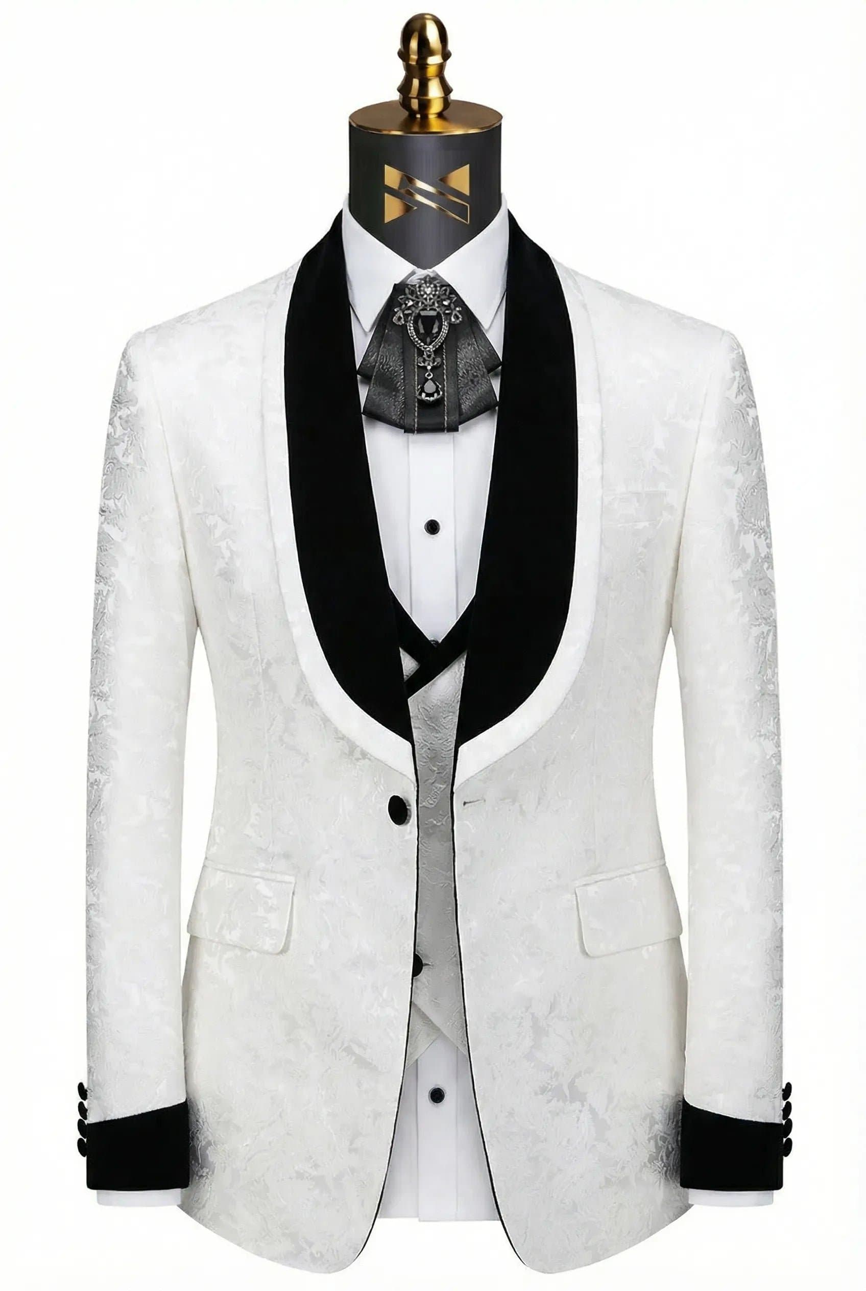 White Floral Jacquard 3-Piece Tuxedo with Black Velvet Shawl Collar - Sizes 34R-42R