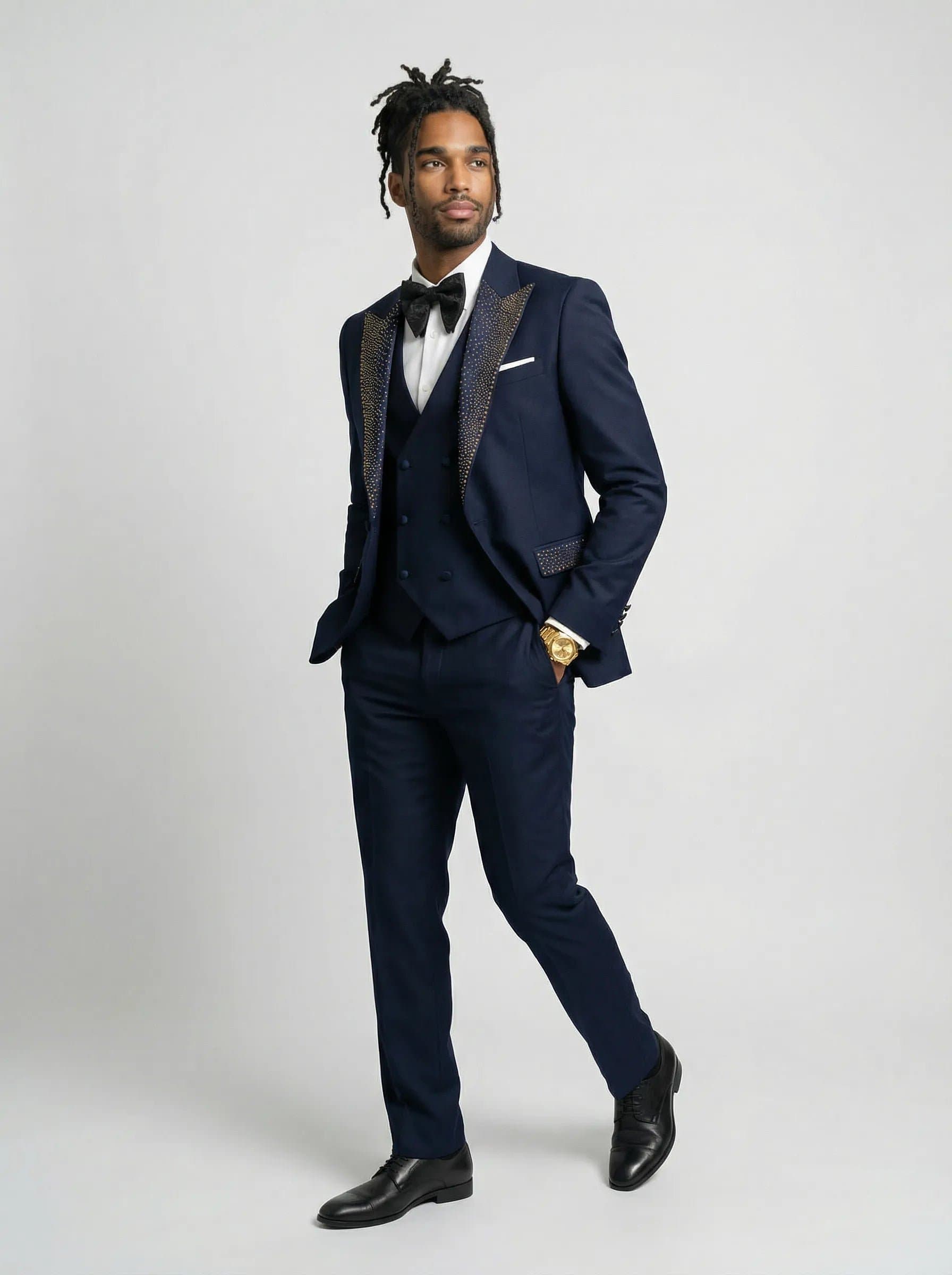 Cobalt Starlight Navy Blue Gold Crystal Peak Lapel 3-Piece Tuxedo Slim Fit