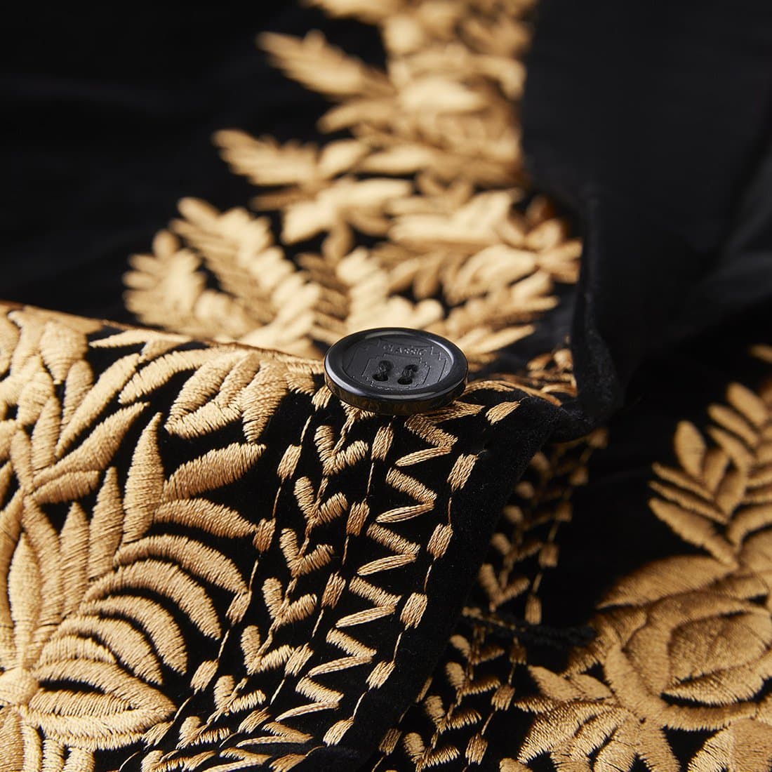 Black Velvet Gold Leaf Fern Embroidered Tuxedo Jacket and Trousers Set