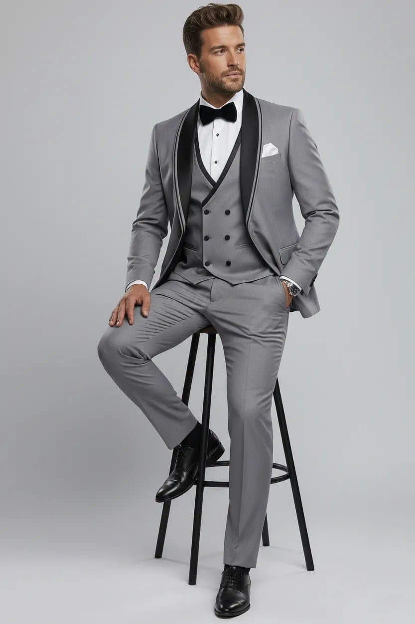 Slate Zenith Light Grey Satin Shawl Collar 3-Piece Slim Fit Tuxedo Set