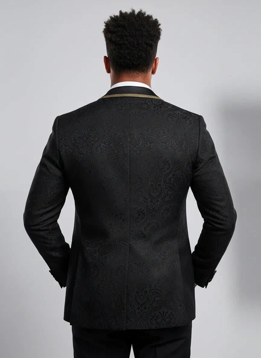 Black Damask Gold Trim 3-Piece Tuxedo Set Obsidian Gilt Slim Fit Jacket Vest Trousers