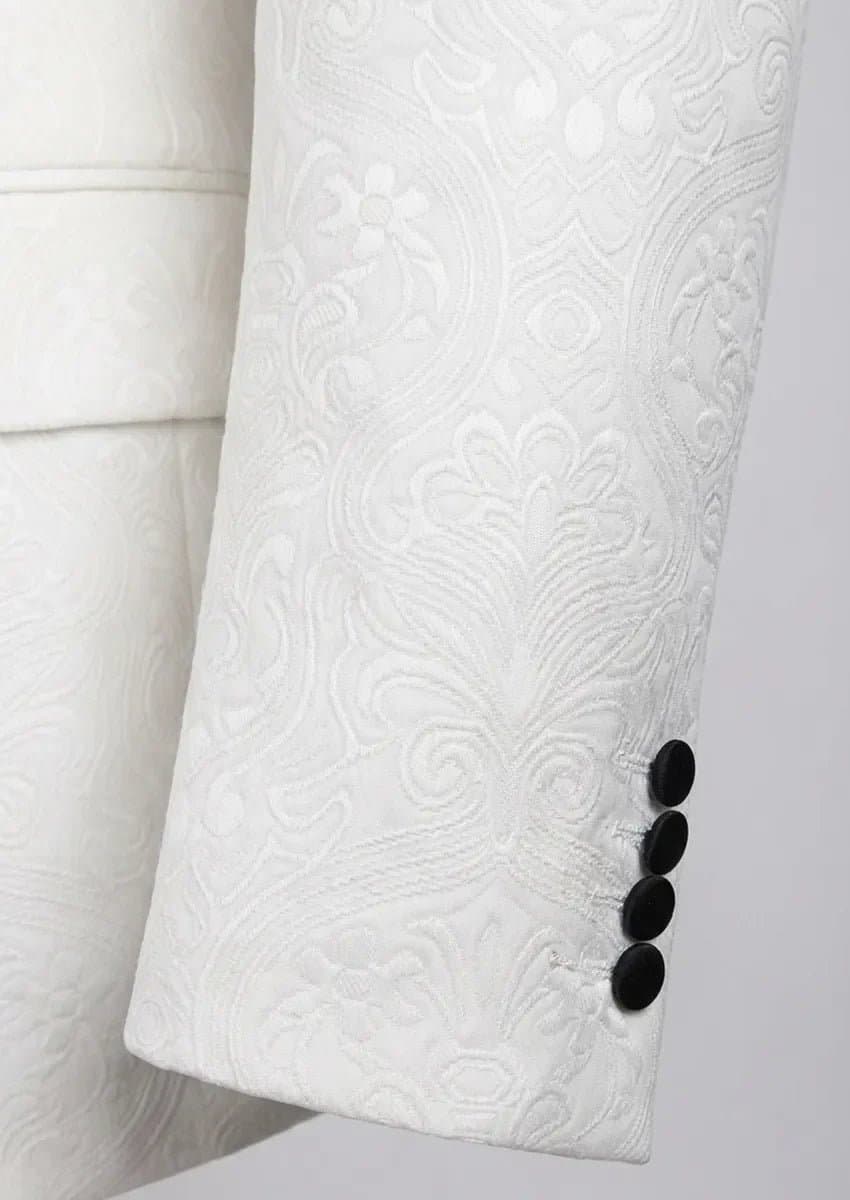 Aurora Opal White Floral Jacquard 3-Piece Tuxedo Jacket Vest Trousers Slim Fit
