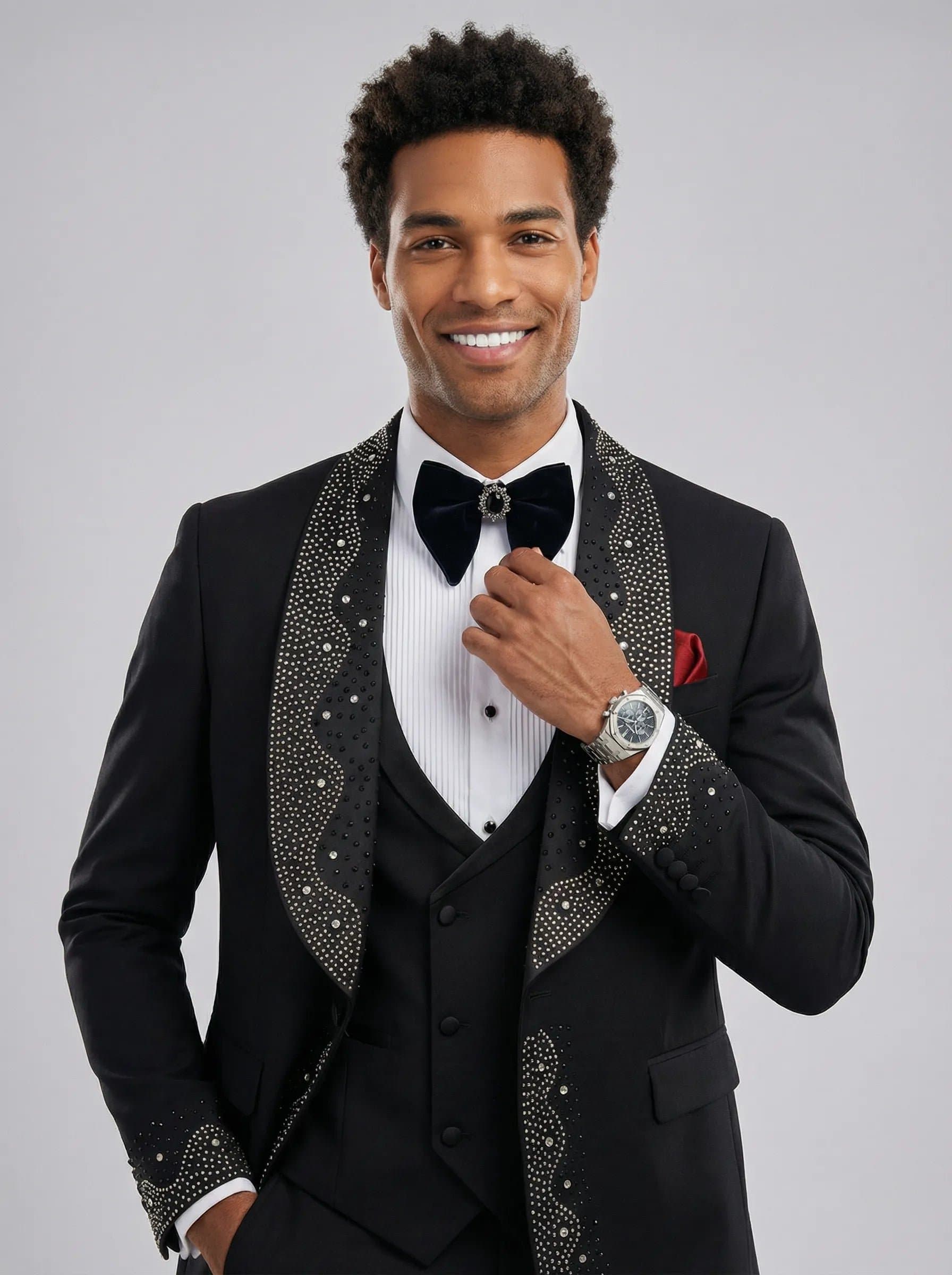 Obsidian Stardust Black Crystal Embellished 3-Piece Tuxedo Set Slim Fit