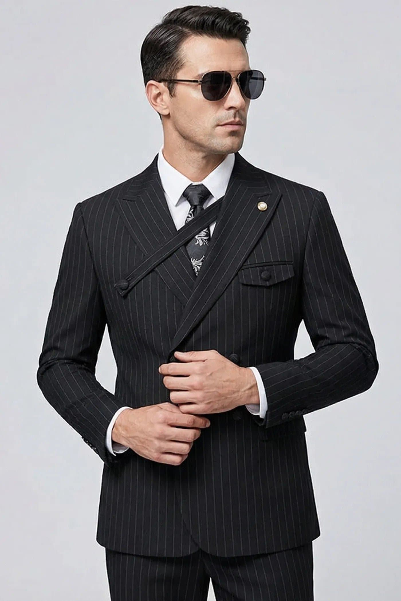Obsidian Sentinel Midnight Black Pinstripe 2-Piece Slim Fit Suit - Jacket and Trousers