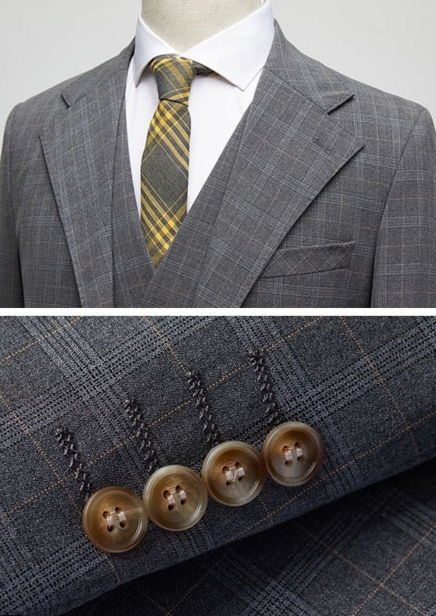Charcoal Grey Textured Windowpane 3-Piece Suit Set with Double-Breasted Vest