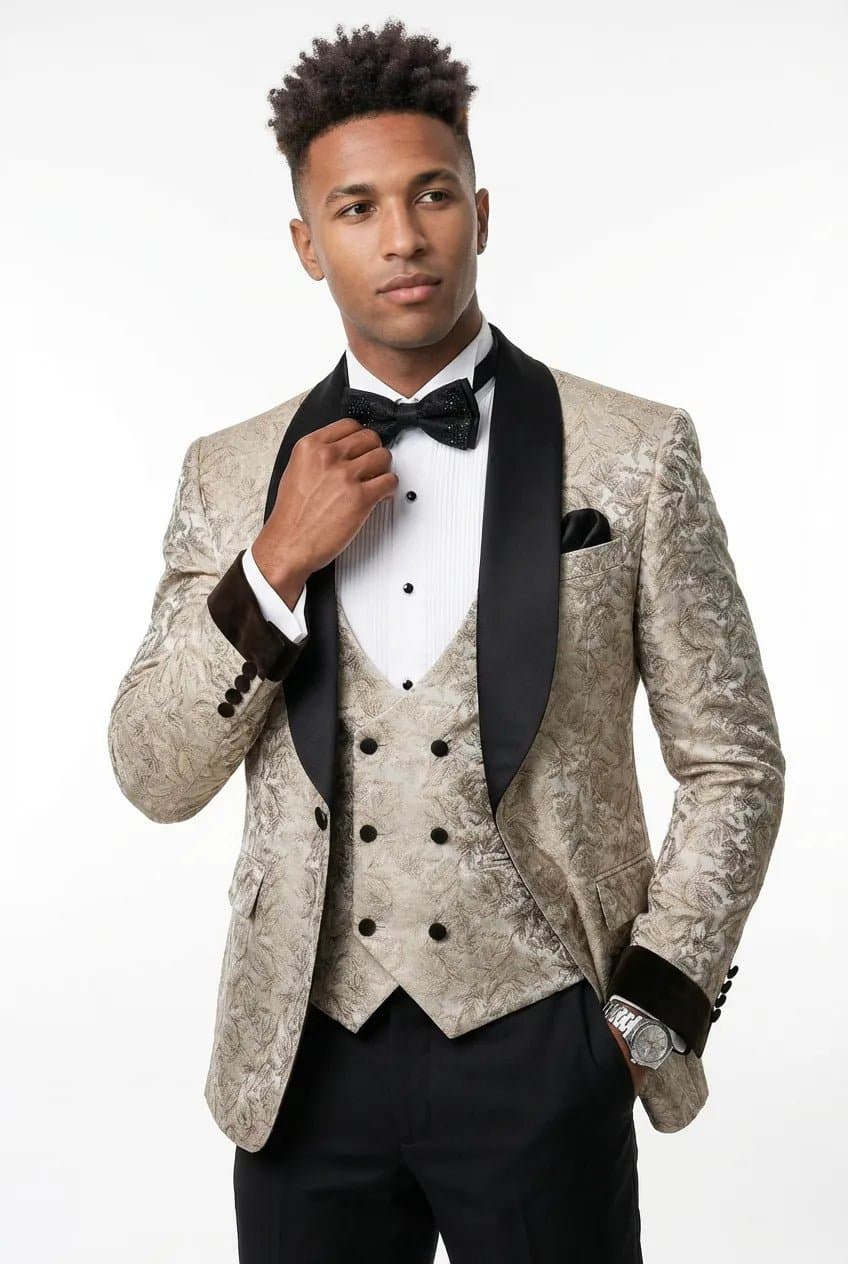 Ivory Meridian Beige Leaf Jacquard 3-Piece Tuxedo Jacket Vest Trousers Slim Fit