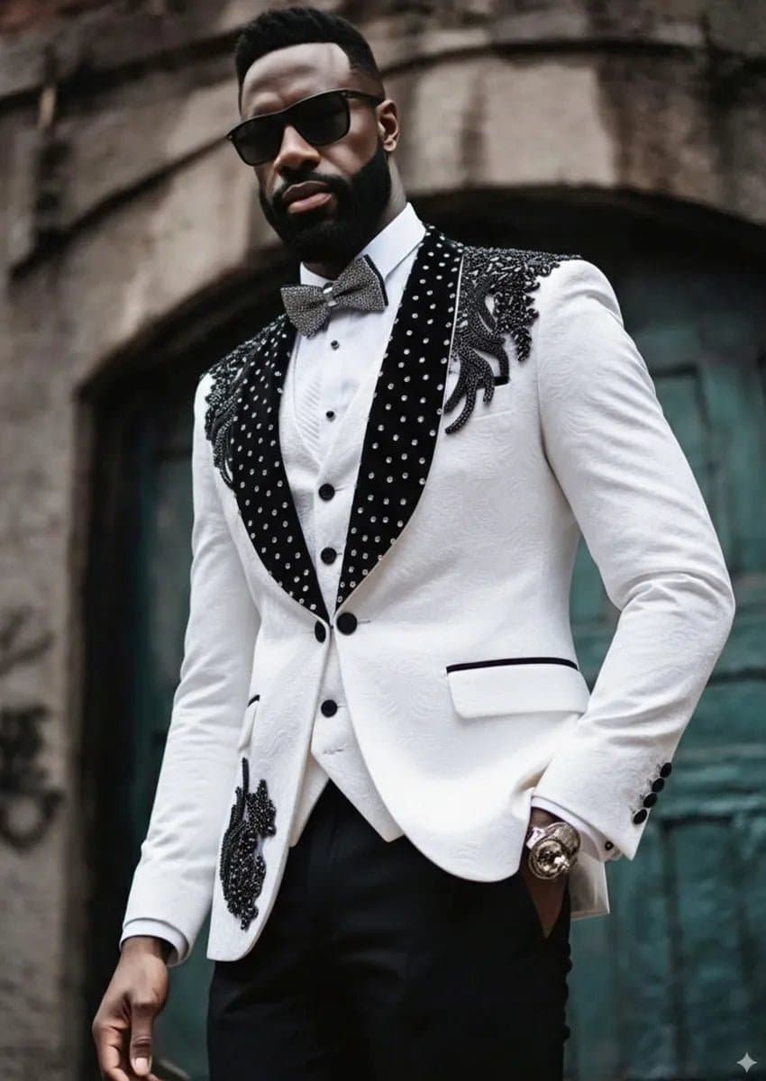 Obsidian Vanguard White Black Wing Beaded Contrast 3-Piece Tuxedo Slim Fit