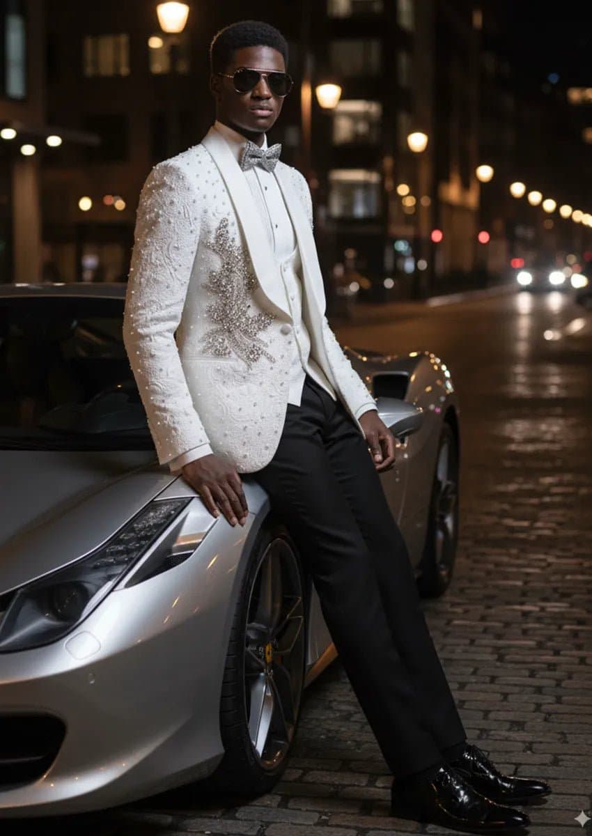 Pearl Symphony White 3D Jacquard Crystal 3-Piece Tuxedo Suit Jacket Vest Trousers