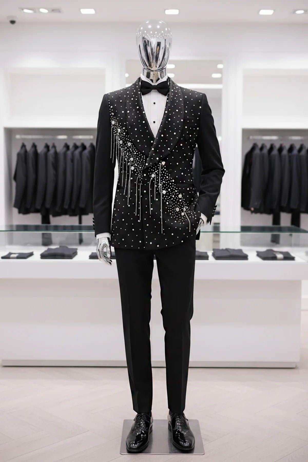 Obsidian Cascade Black Crystal Fringe 2-Piece Tuxedo Set Jacket Trousers Slim Fit
