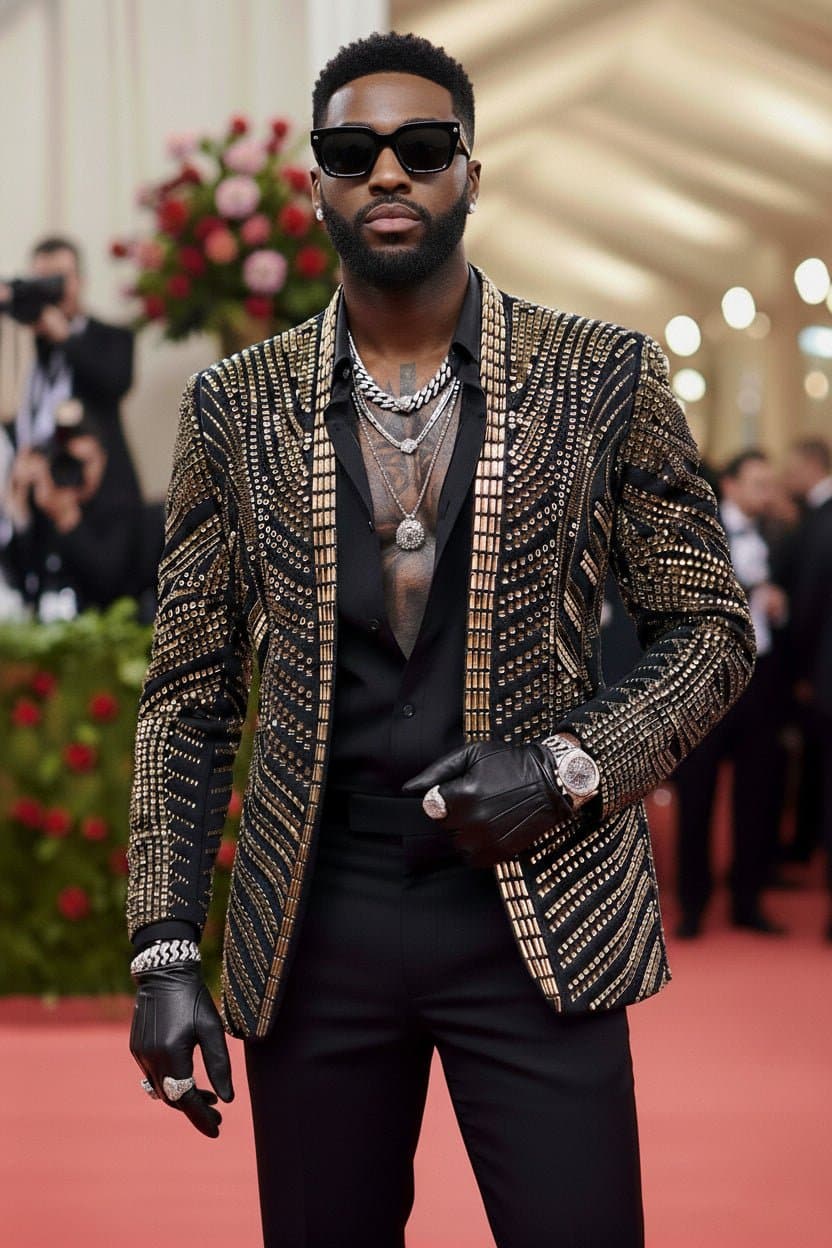 Obsidian & Gold Crystal Dinner Jacket - Gilded Pharaoh Slim Fit Men's Jacket