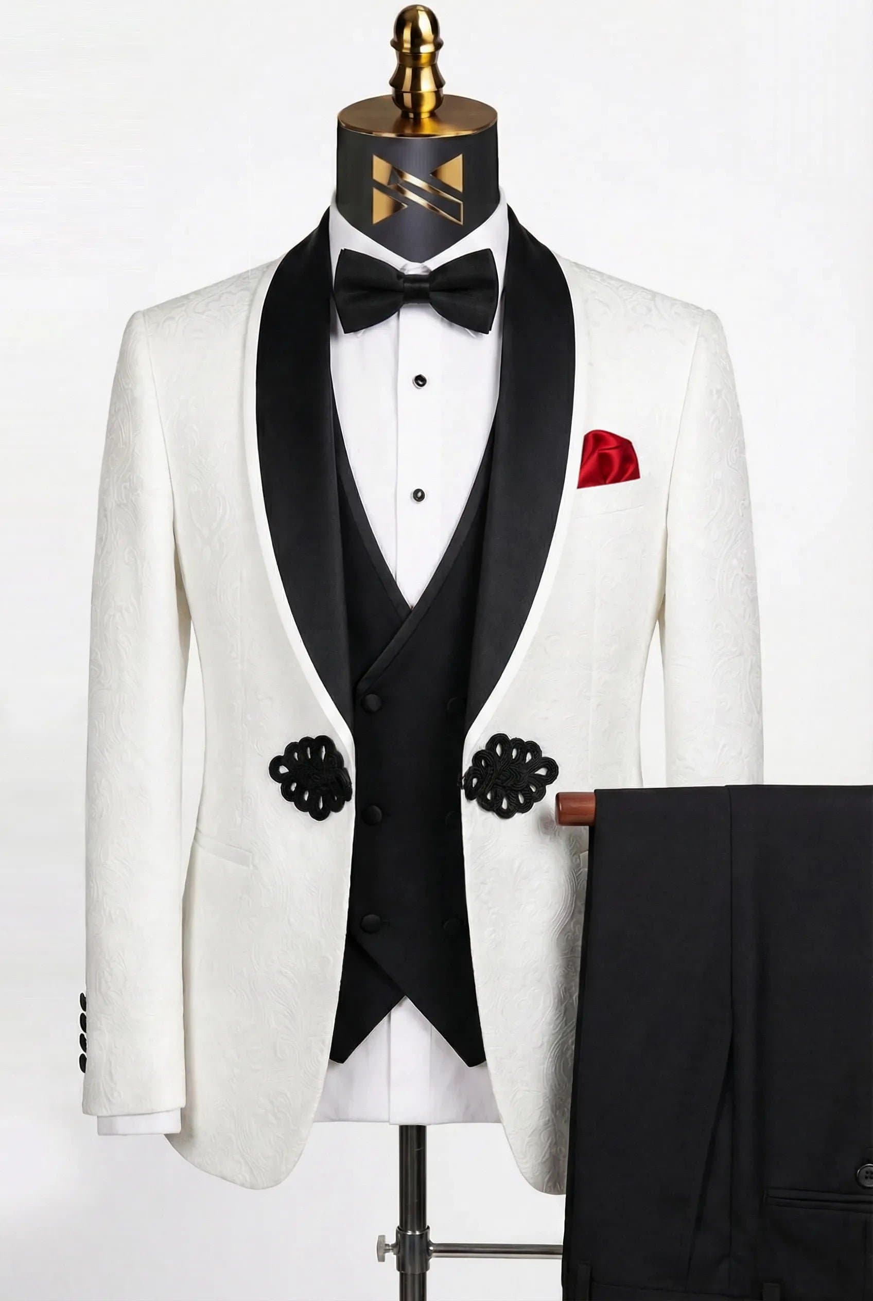 Aurora Opal White Floral Jacquard 3-Piece Tuxedo Jacket Vest Trousers Slim Fit
