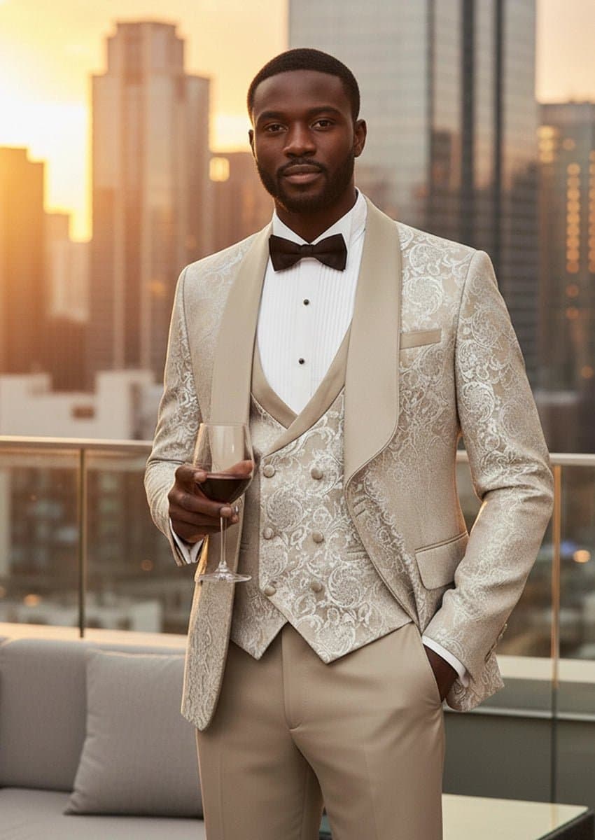 Aureate Empire Champagne Gold Jacquard 3-Piece Tuxedo Slim Fit Jacket Vest Trousers