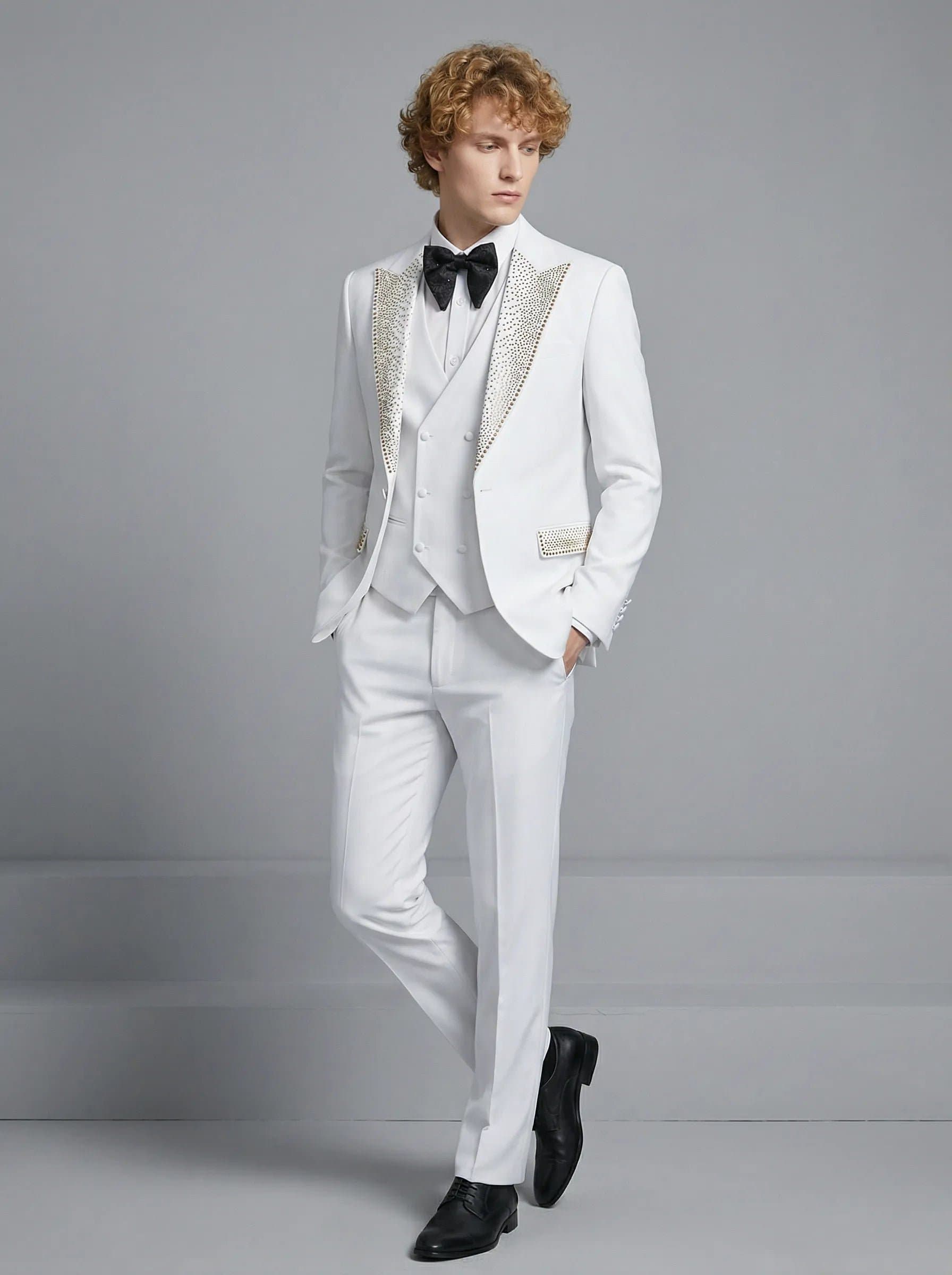 Alabaster Starlight White Crystal-Embellished 3-Piece Tuxedo Set with Black Satin Lapel