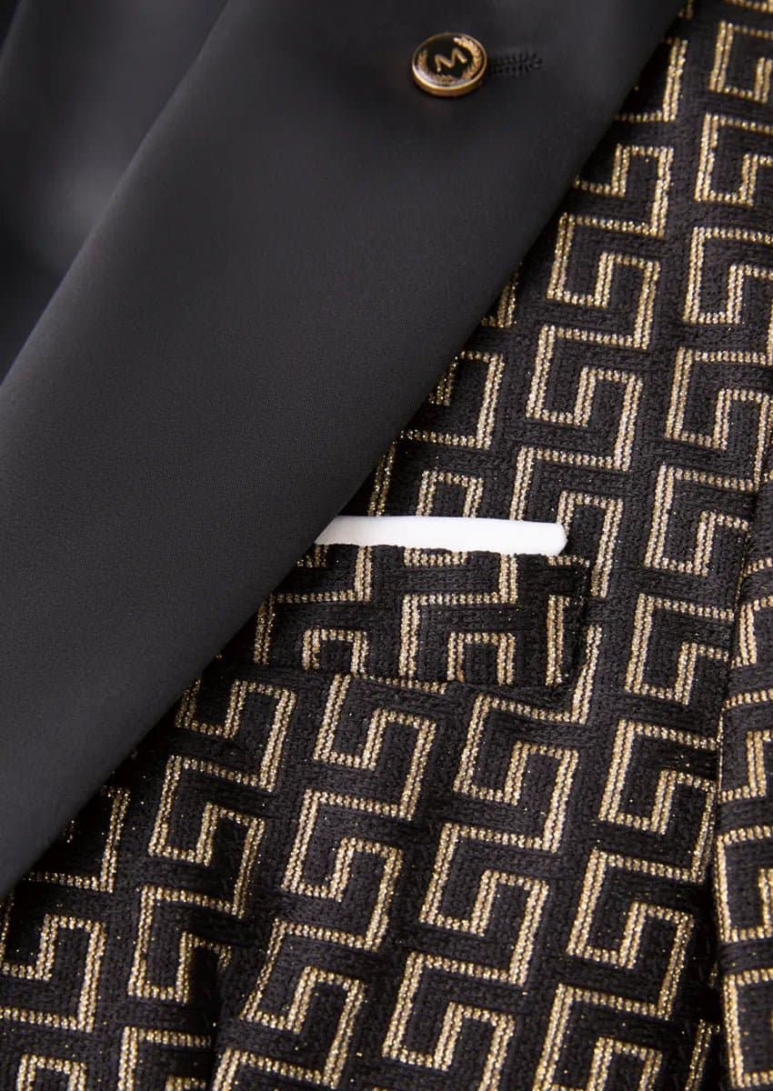 Obsidian Pantheon Black & Gold Jacquard 3-Piece Slim Fit Tuxedo Jacket Vest Trousers