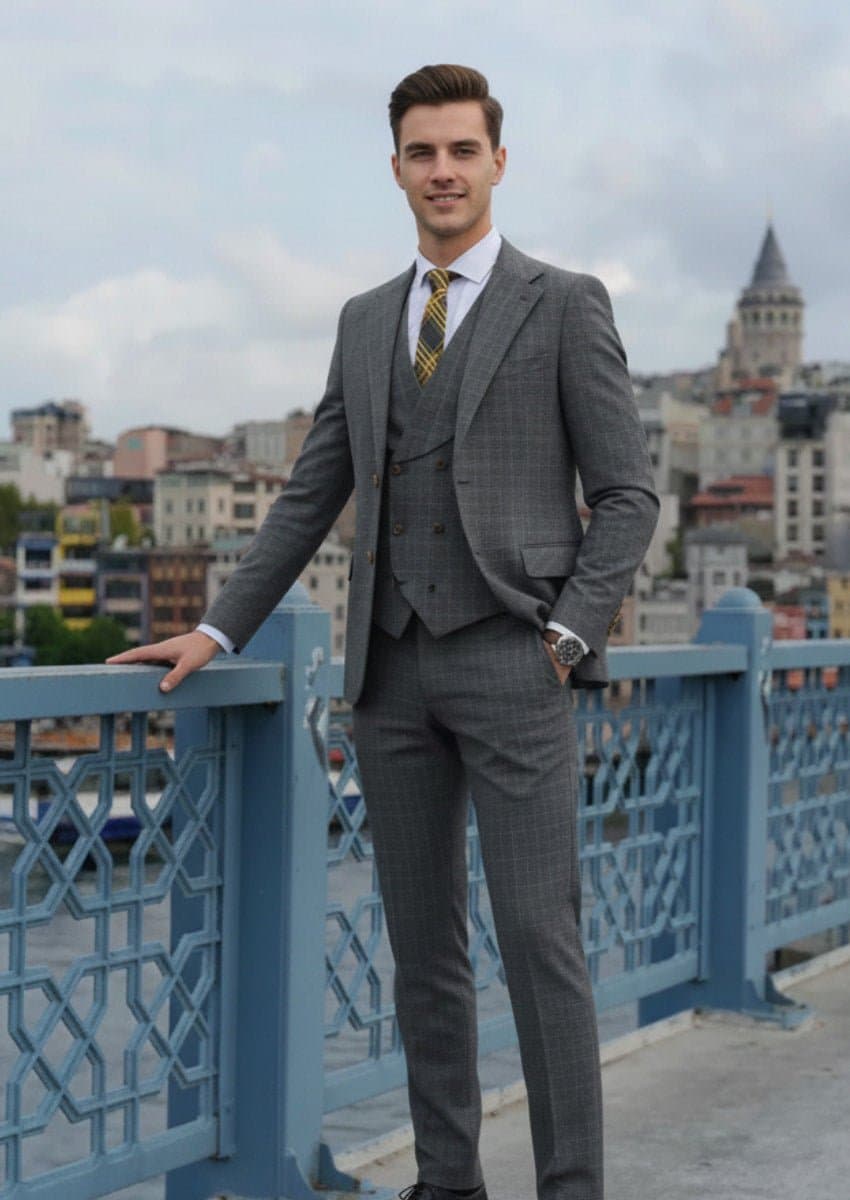 Charcoal Grey Textured Windowpane 3-Piece Suit Set with Double-Breasted Vest