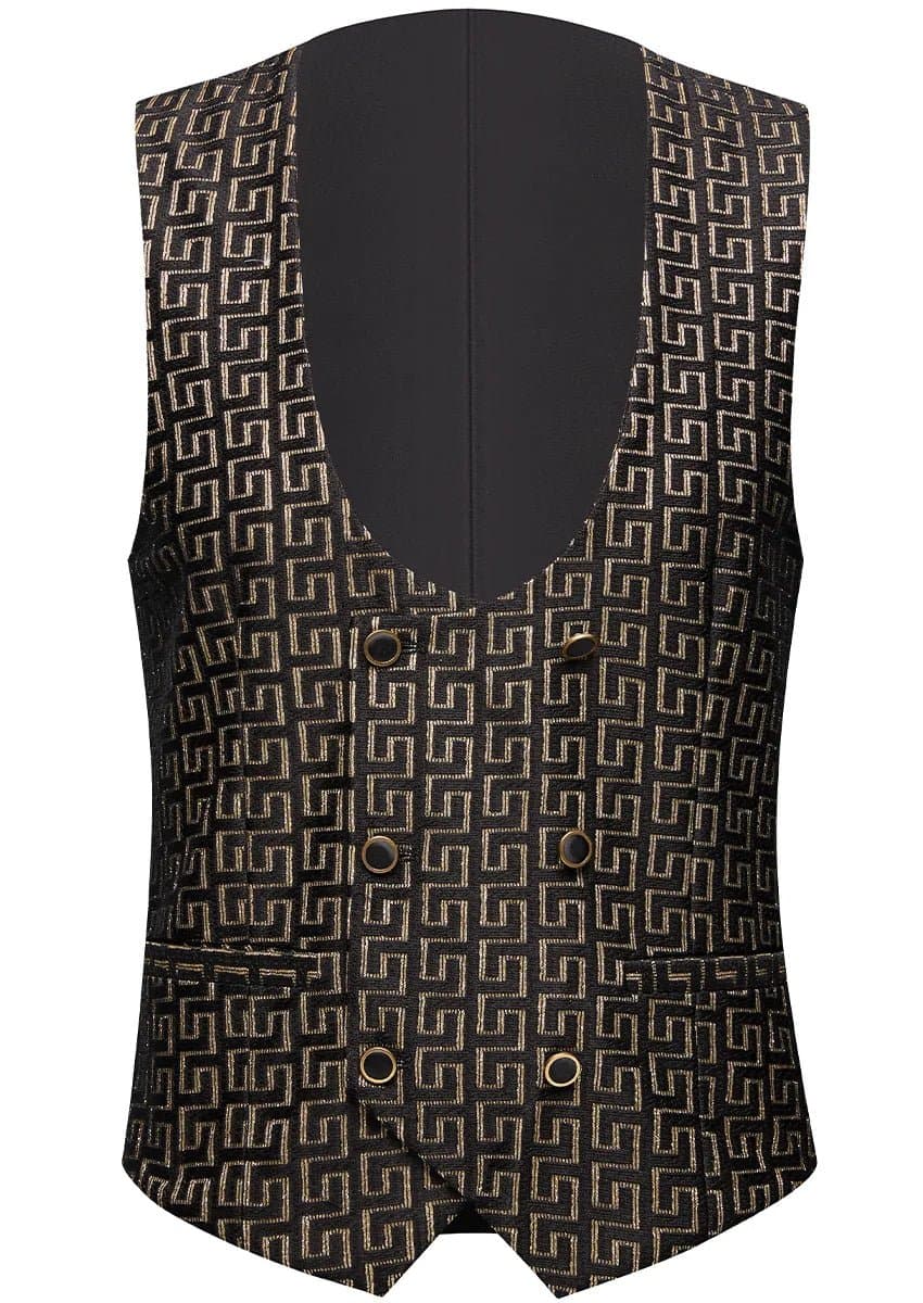 Obsidian Pantheon Black & Gold Jacquard 3-Piece Slim Fit Tuxedo Jacket Vest Trousers