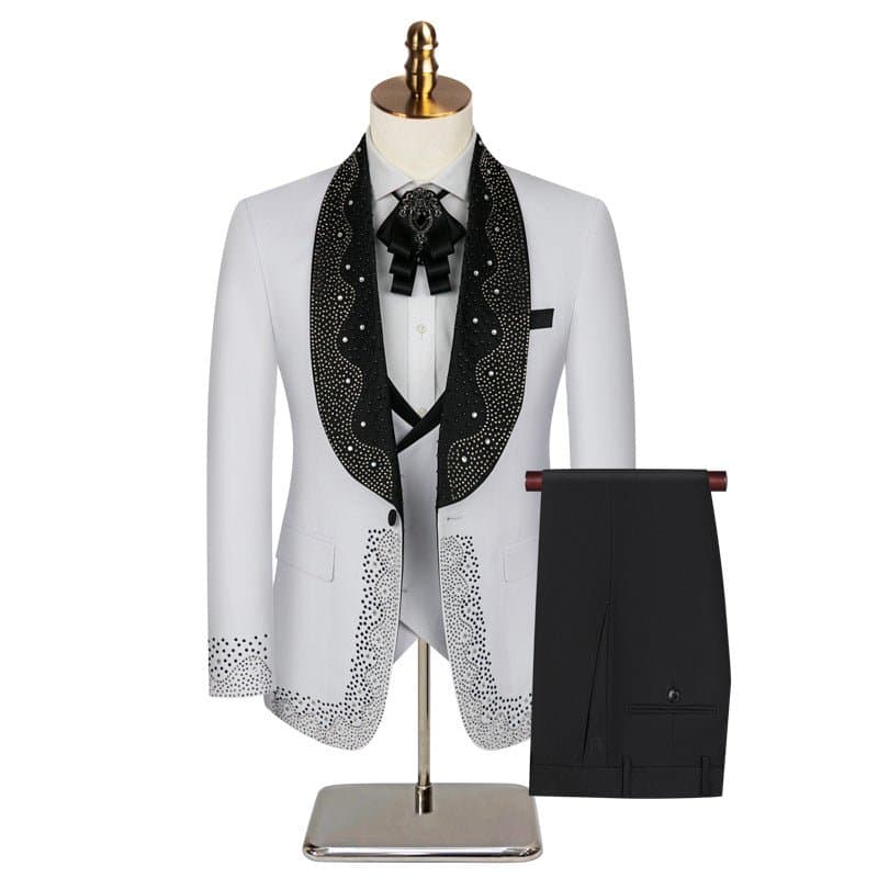 White Black Crystal Shawl Collar 3-Piece Tuxedo Set with Rhinestones