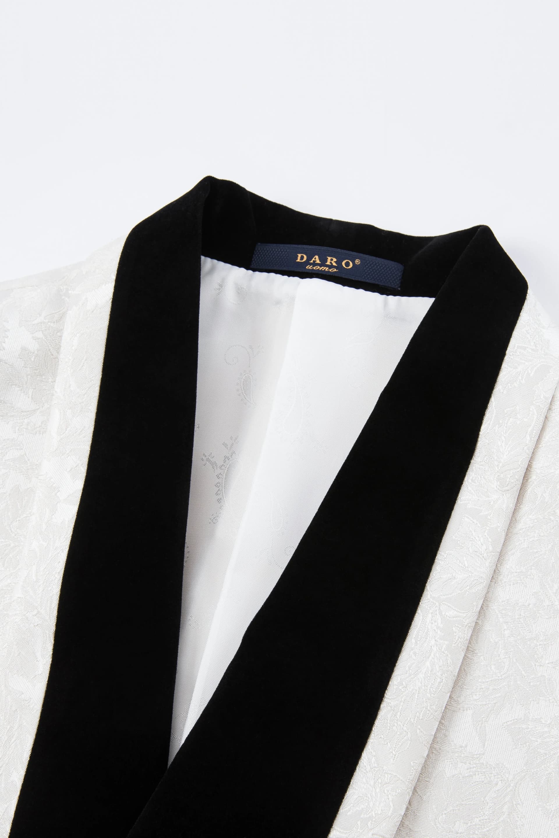 White Floral Jacquard 3-Piece Tuxedo with Black Velvet Shawl Collar - Sizes 34R-42R