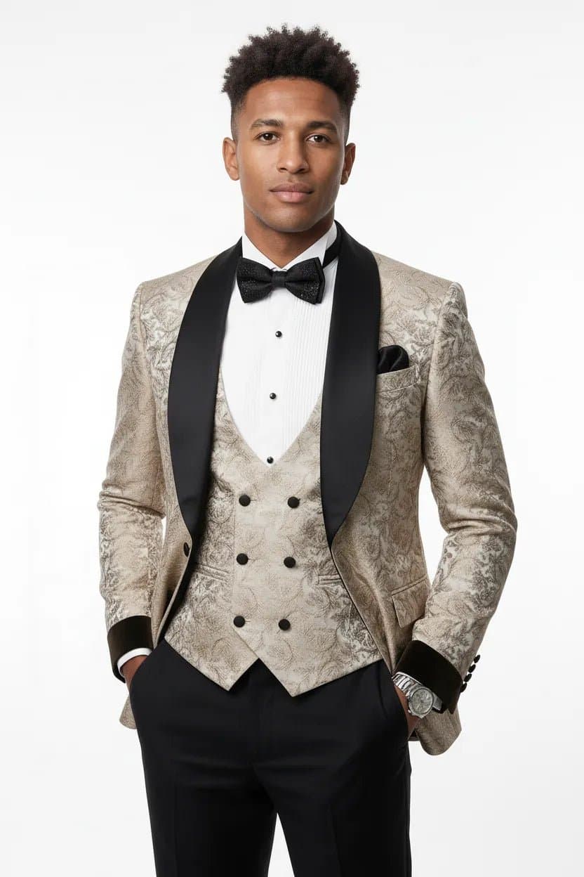 Ivory Meridian Beige Leaf Jacquard 3-Piece Tuxedo Jacket Vest Trousers Slim Fit