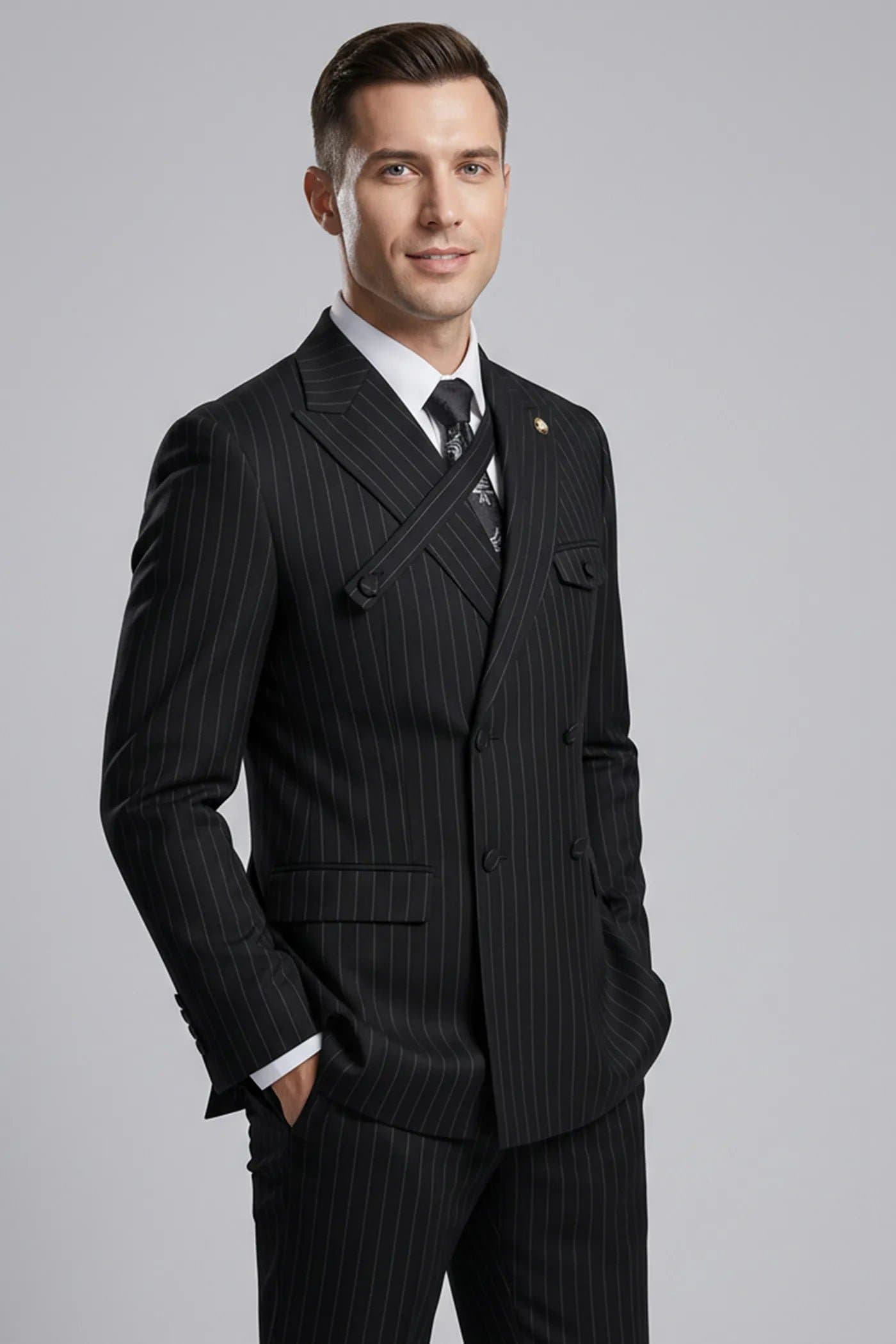 Obsidian Sentinel Midnight Black Pinstripe 2-Piece Slim Fit Suit - Jacket and Trousers
