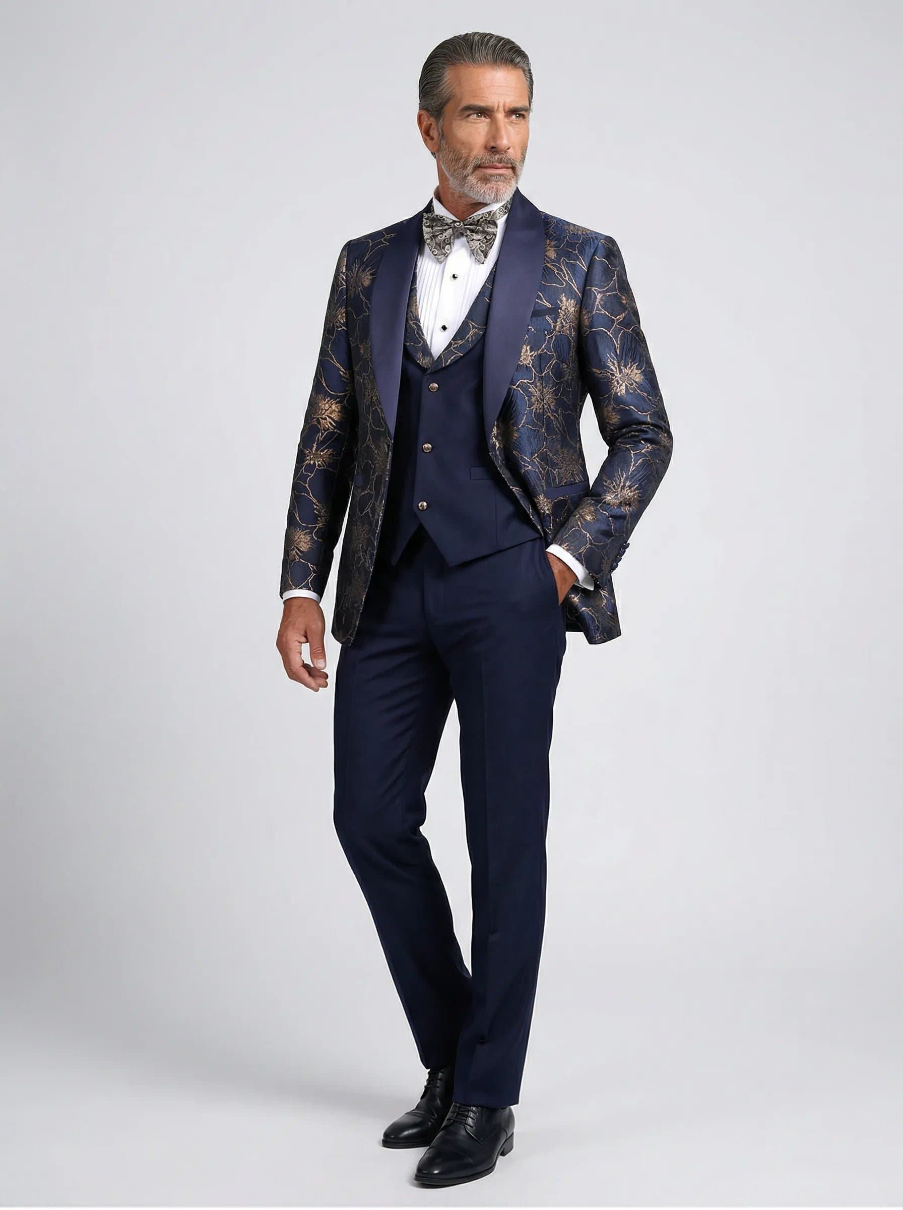 Navy Gold Floral Jacquard Shawl Collar Tuxedo 3-Piece Suit 34R-54R