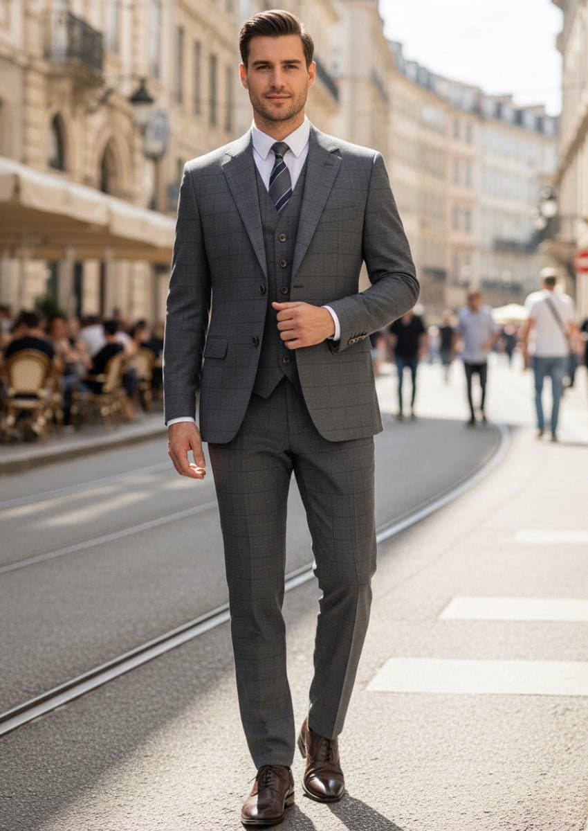 Men’s Gray Windowpane Plaid Slim Fit 3-Piece Suit Single-Breasted Notched Lapel