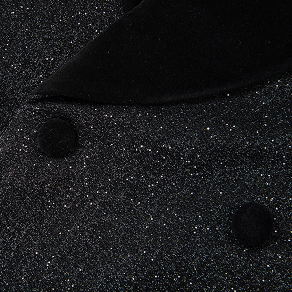 Black Stardust & Velvet Double-Breasted Tuxedo Set Jacket and Trousers 2-Piece Slim Fit