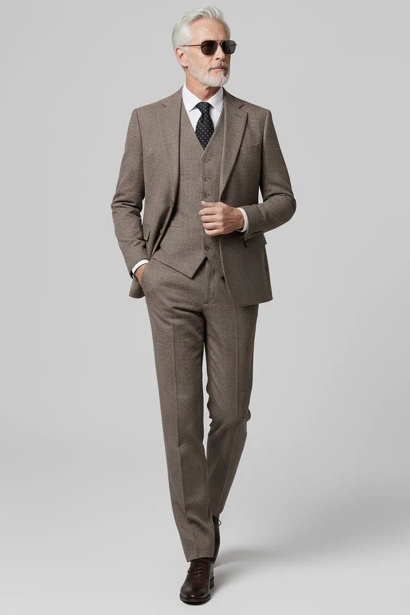 Coffee Brown Textured Tweed 3-Piece Suit Set - Slim Fit Jacket Vest Trousers