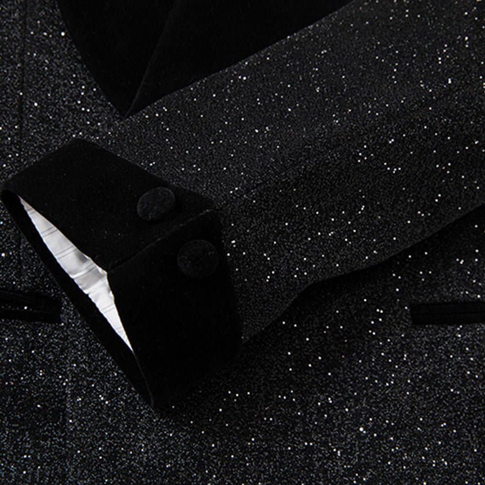 Black Stardust & Velvet Double-Breasted Tuxedo Set Jacket and Trousers 2-Piece Slim Fit