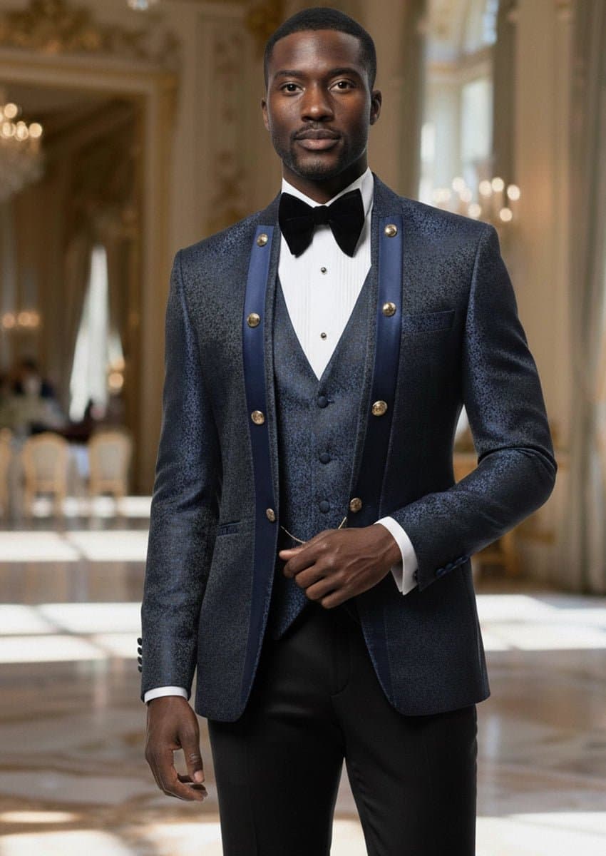 Sapphire Overture Royal Blue Paisley Jacquard 3-Piece Tuxedo Jacket Vest Trousers Slim Fit