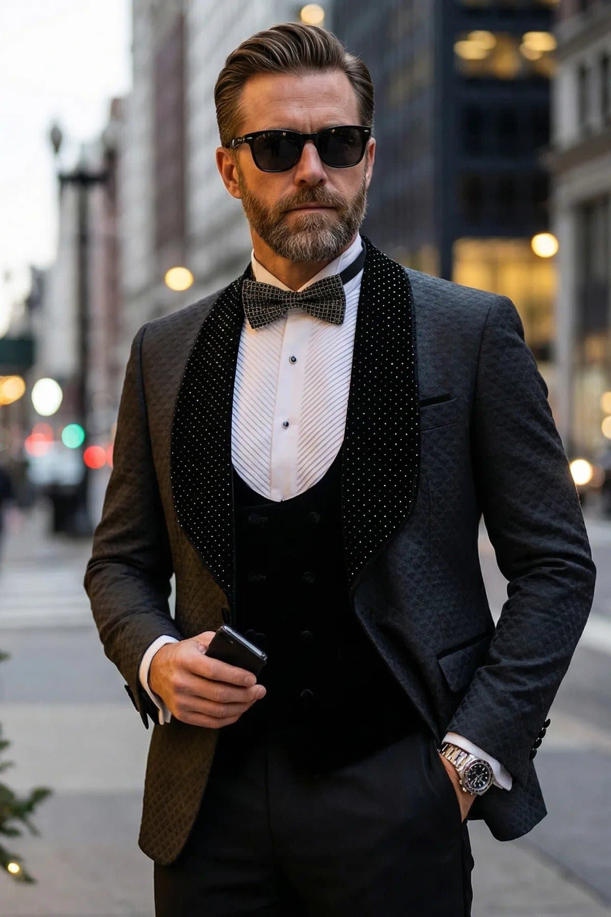 Obsidian Masterpiece Black Jacquard Velvet 3-Piece Slim Fit Tuxedo Set Jacket Vest Trousers