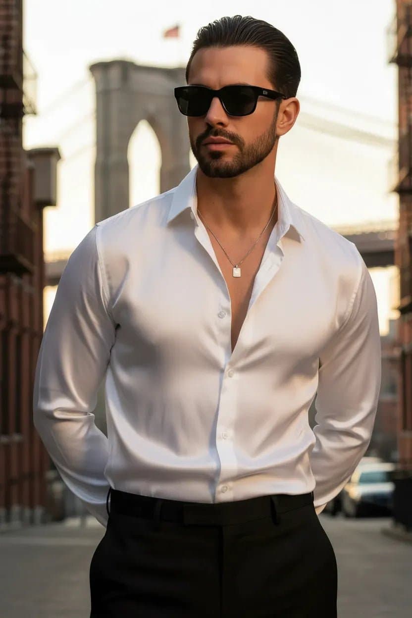 Men's Silk Satin Long Sleeve Shirt Black White Relaxed Fit Polyester Spandex