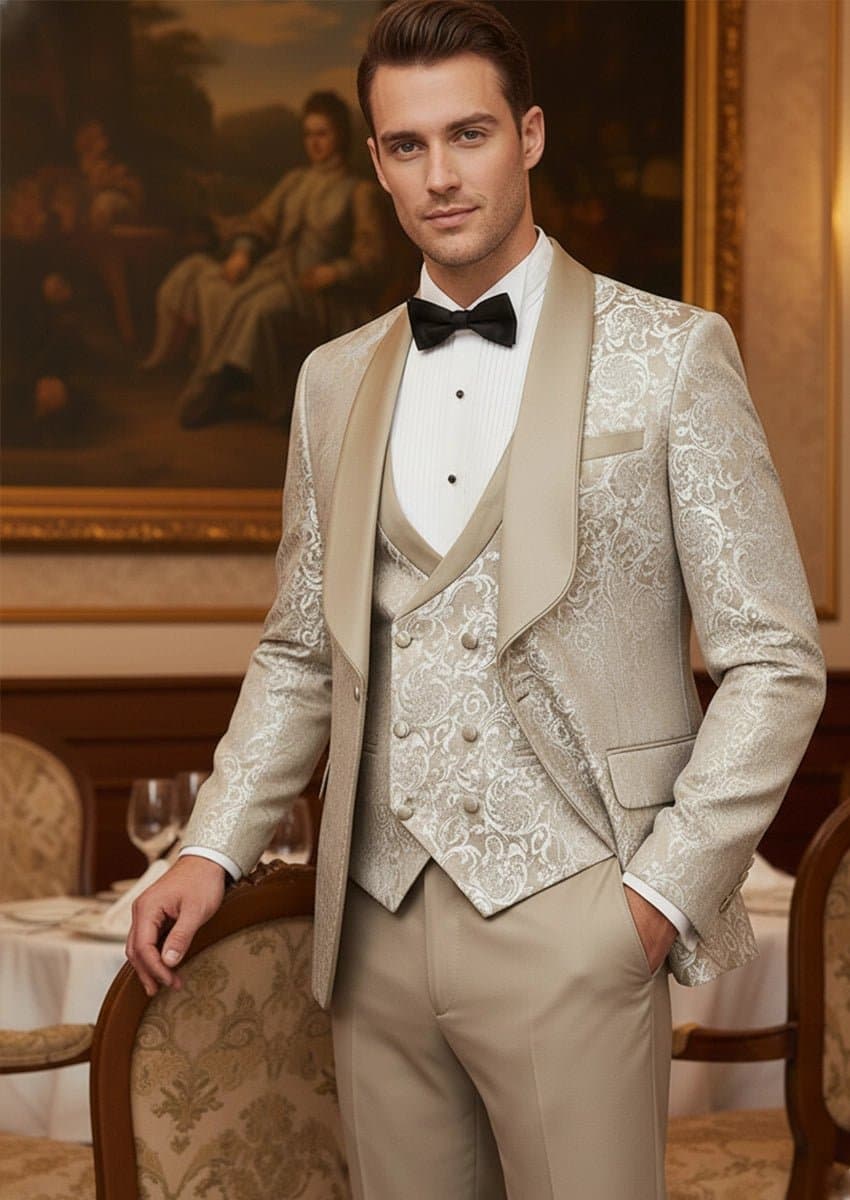 Aureate Empire Champagne Gold Jacquard 3-Piece Tuxedo Slim Fit Jacket Vest Trousers