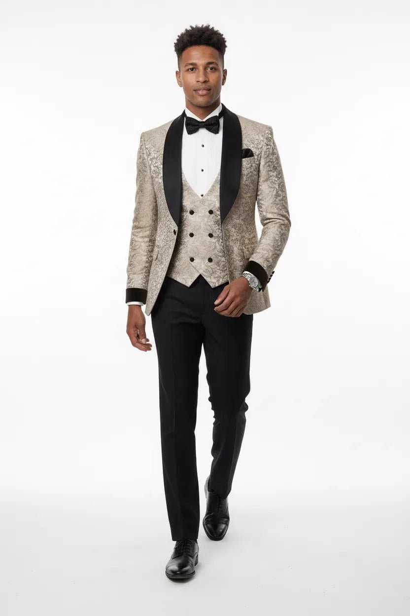 Ivory Meridian Beige Leaf Jacquard 3-Piece Tuxedo Jacket Vest Trousers Slim Fit