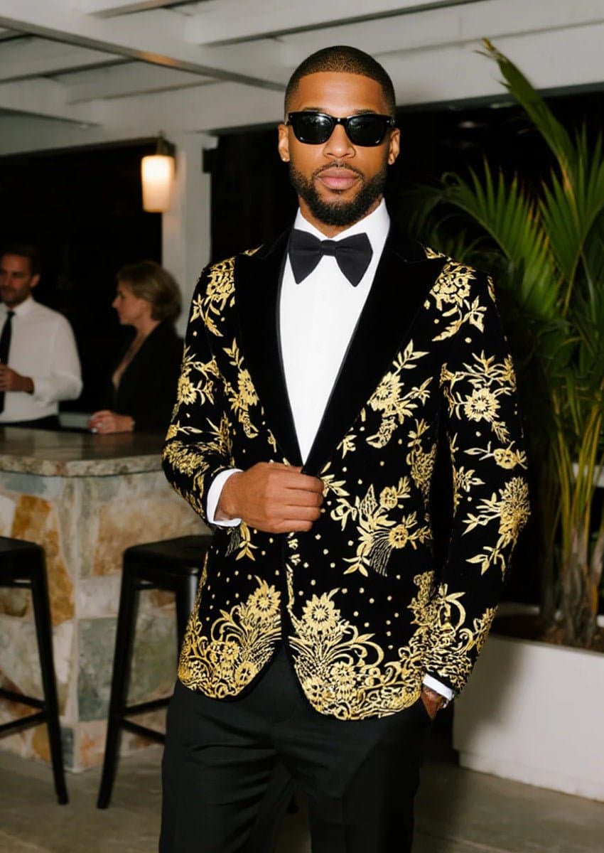 Black Velvet Gold Embroidered Tuxedo Set Jacket and Trousers Slim Fit