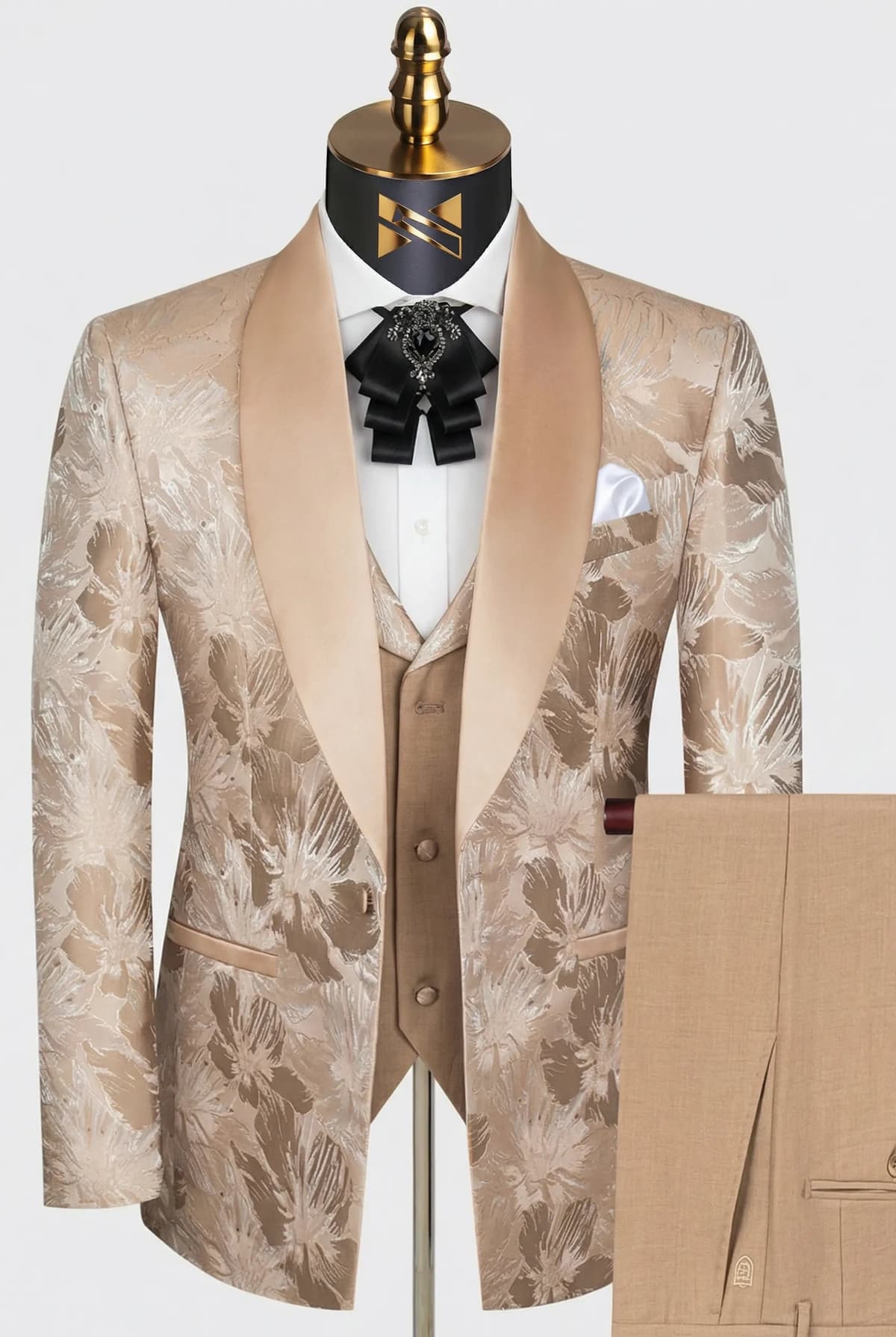 Aureate Mirage Champagne Gold Floral Jacquard Shawl Collar Tuxedo 3-Piece Suit 34R-54R