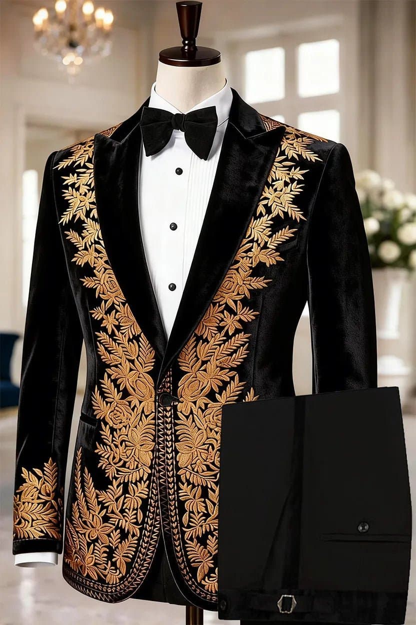 Black Velvet Gold Leaf Fern Embroidered Tuxedo Jacket and Trousers Set