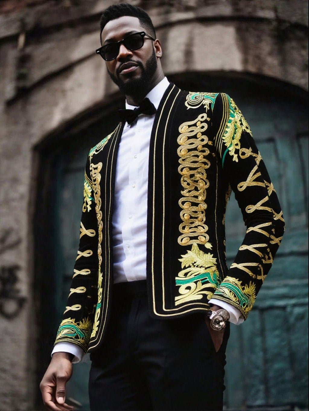 Black Velvet Gold Braided Hussar Tuxedo Jacket and Trousers Set