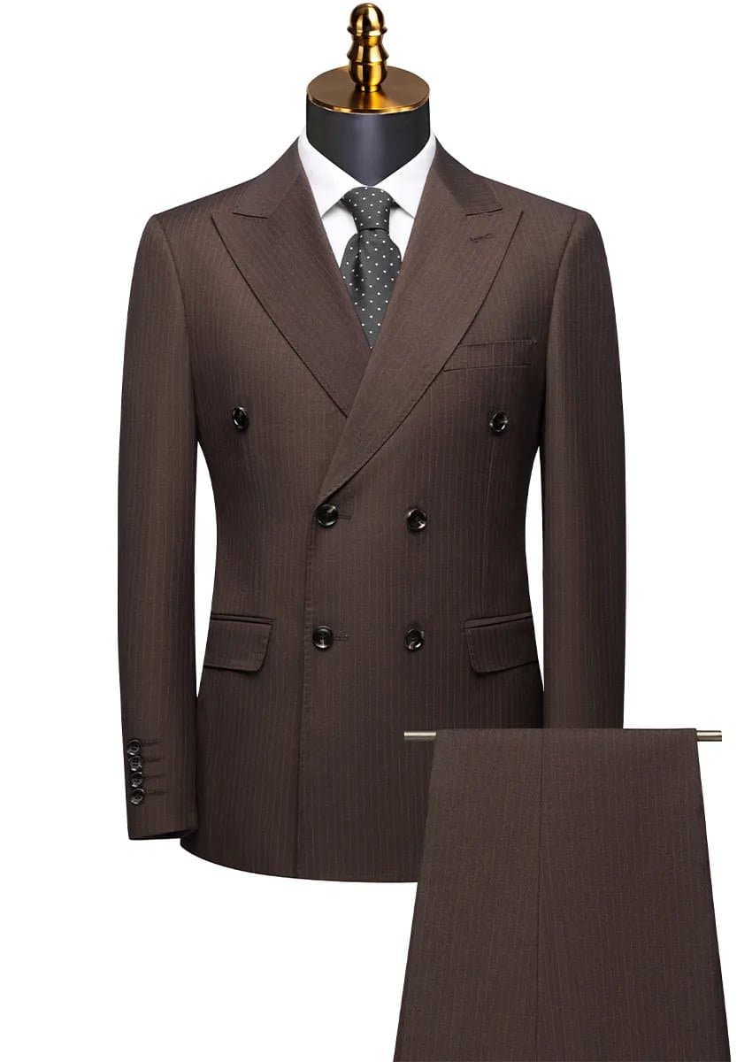 Men’s Brown Double-Breasted Striped Slim Fit Suit 2-Piece Set