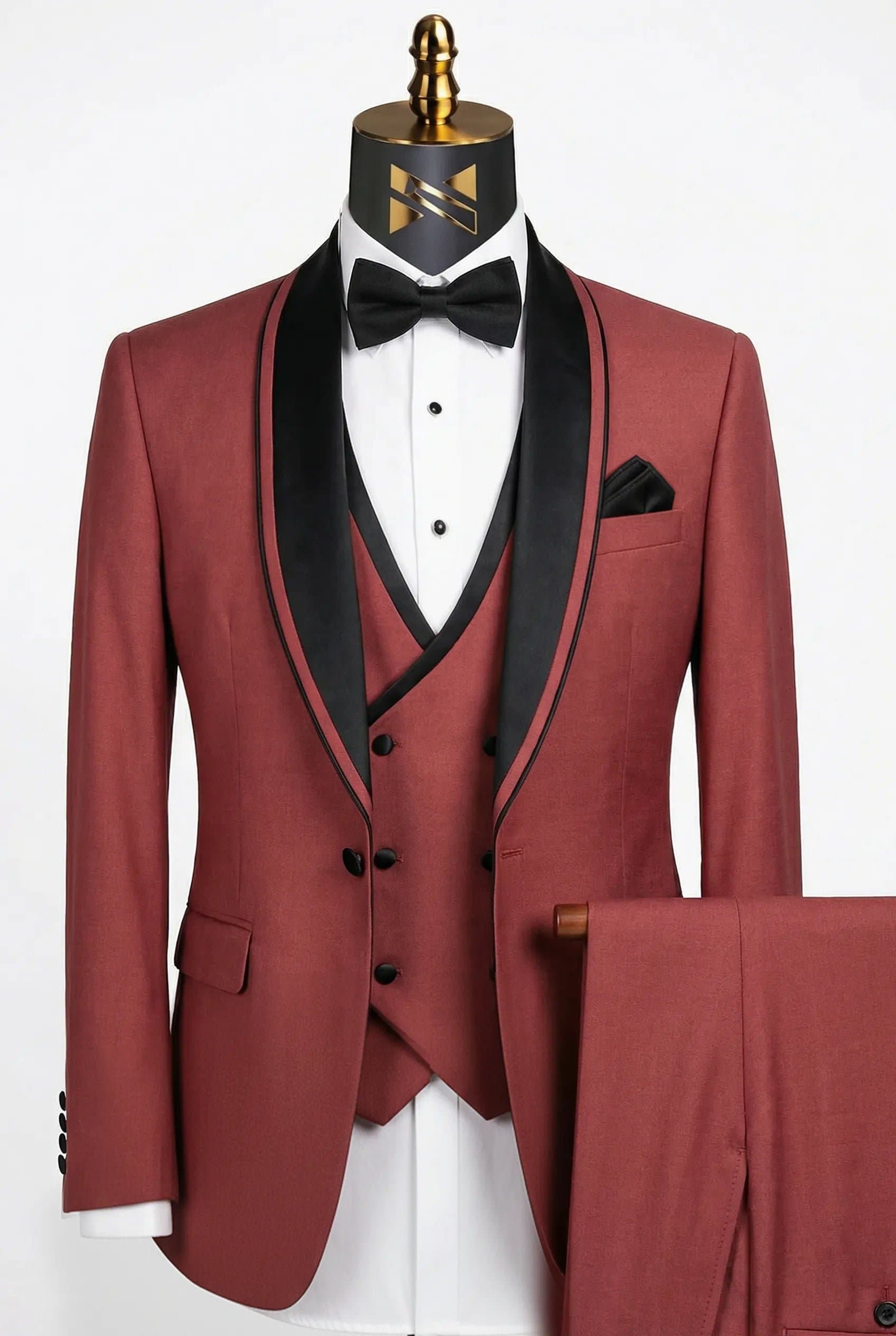 Rosewood Mirage Dusty Rose Satin Shawl Collar 3-Piece Tuxedo Suit - Slim Fit Jacket Vest Trousers