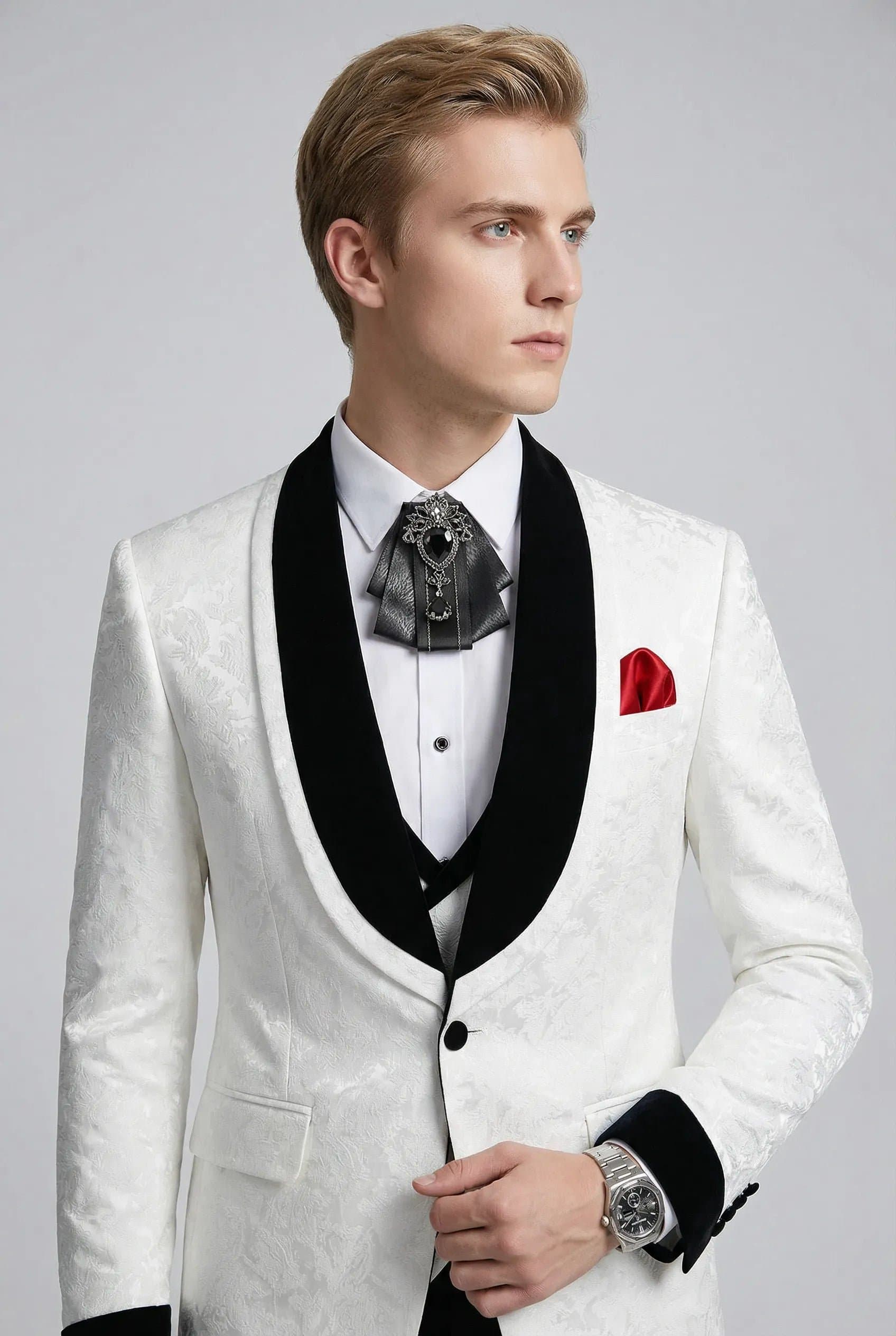 White Floral Jacquard 3-Piece Tuxedo with Black Velvet Shawl Collar - Sizes 34R-42R